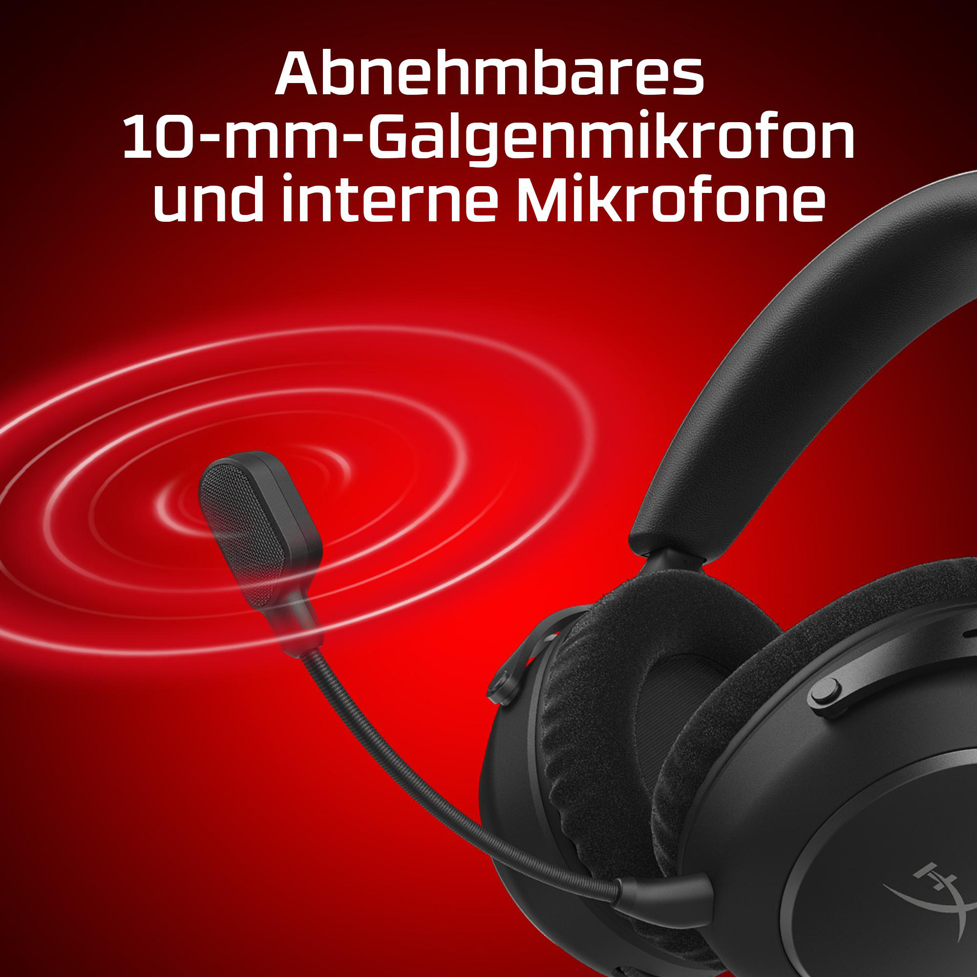 Schwarzes Headset mit abnehmbarem Mikrofon auf rotem Hintergrund. Text: Abnehmbares 10-mm-Bügelmikrofon und interne Mikrofone.