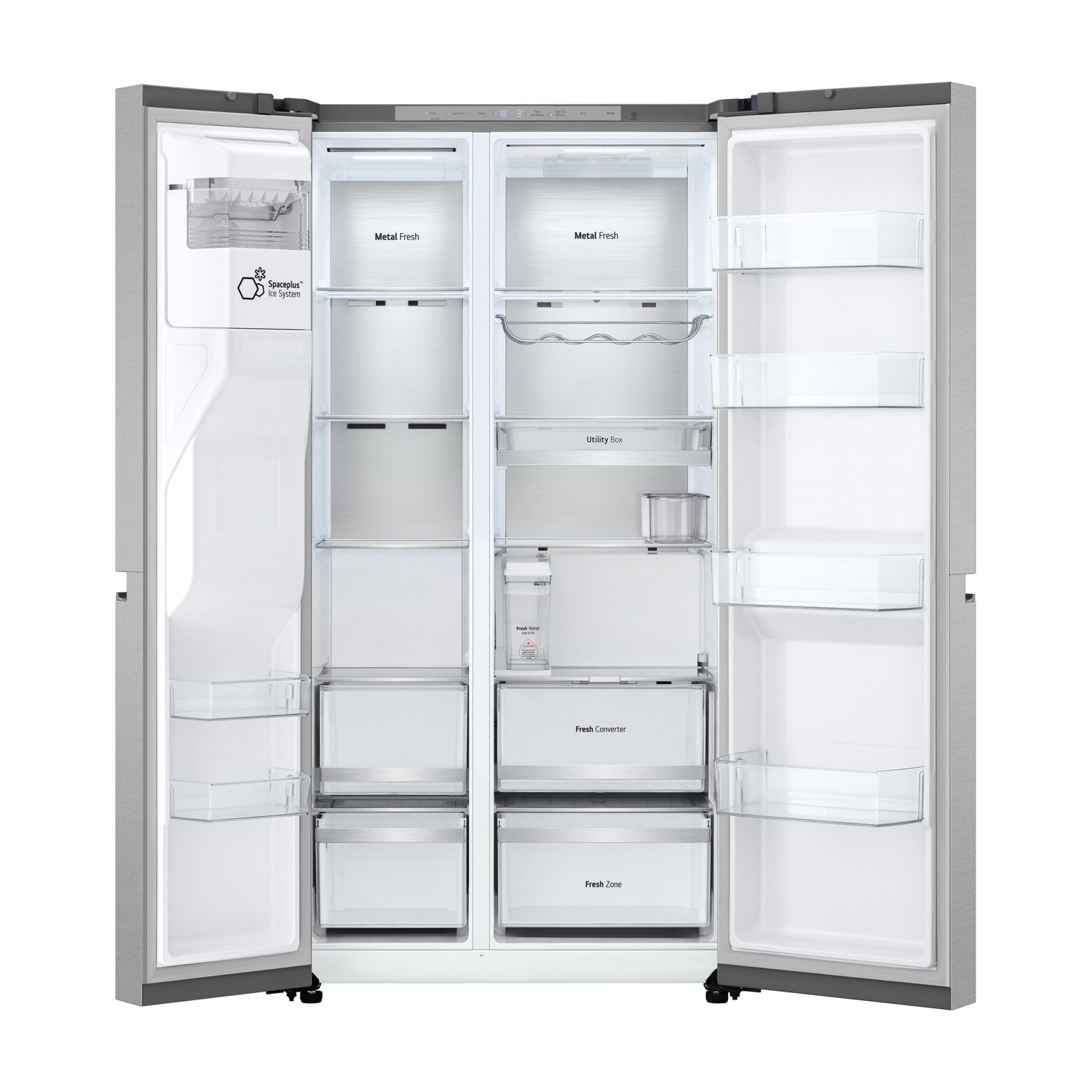 Un frigorifero d'argento aperto con più scomparti etichettati 'Metal Fresh', 'Fresh Converter' e 'Fresh Zone'. Le porte sono aperte.