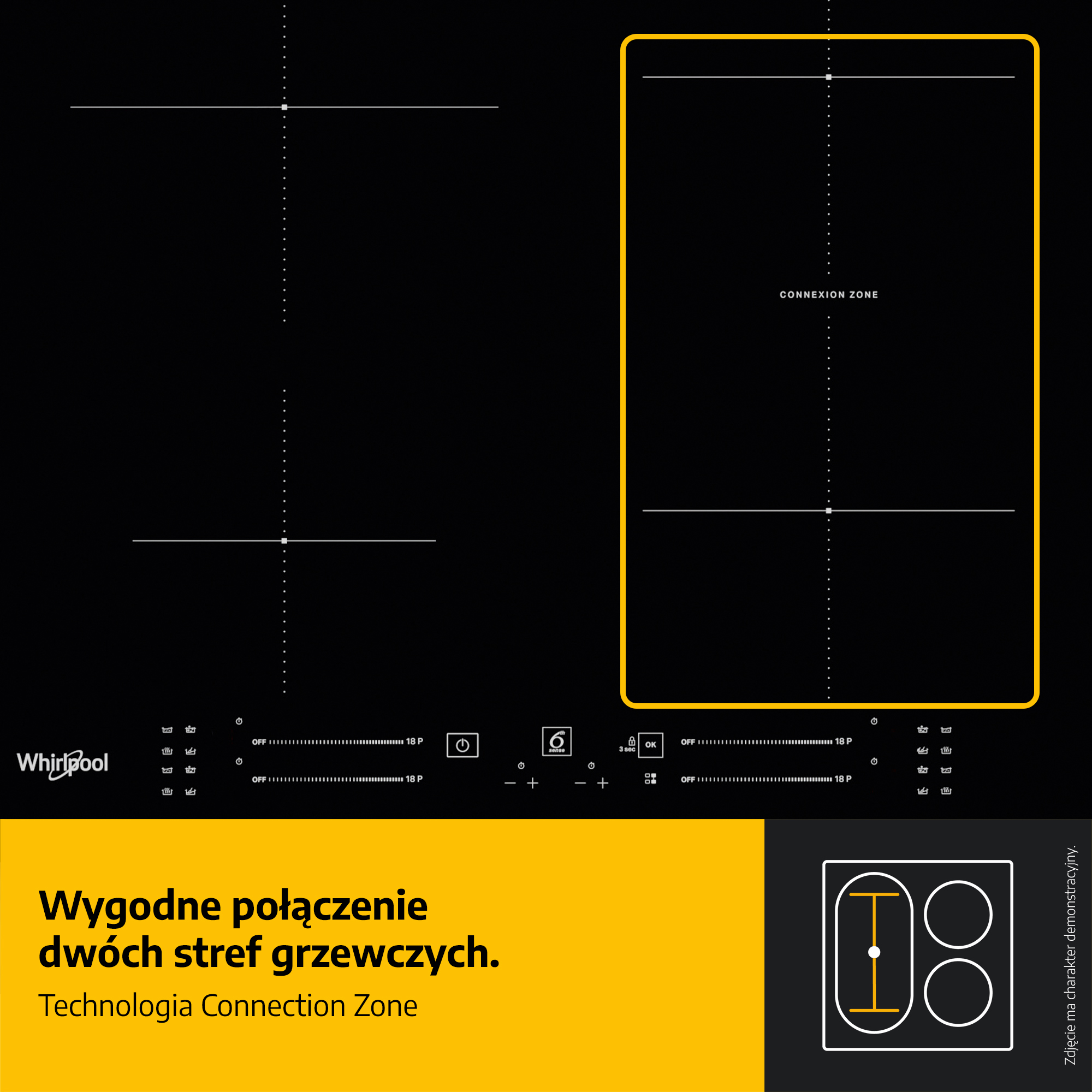 Czarna płyta indukcyjna z białymi liniami i panelem sterowania. Żółta obwódka podkreśla strefę połączenia. Tekst po polsku.