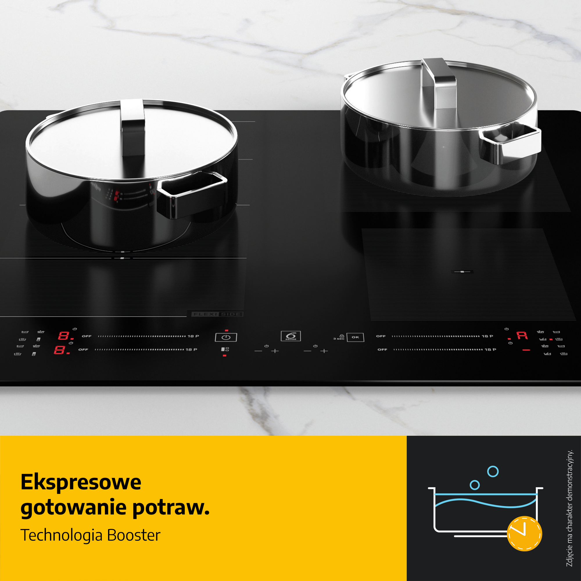 Czarna płyta indukcyjna z dwoma przykrytymi garnkami. Wyświetlacz cyfrowy pokazuje ustawienia. Żółte pole tekstowe z informacjami o gotowaniu po lewej.
