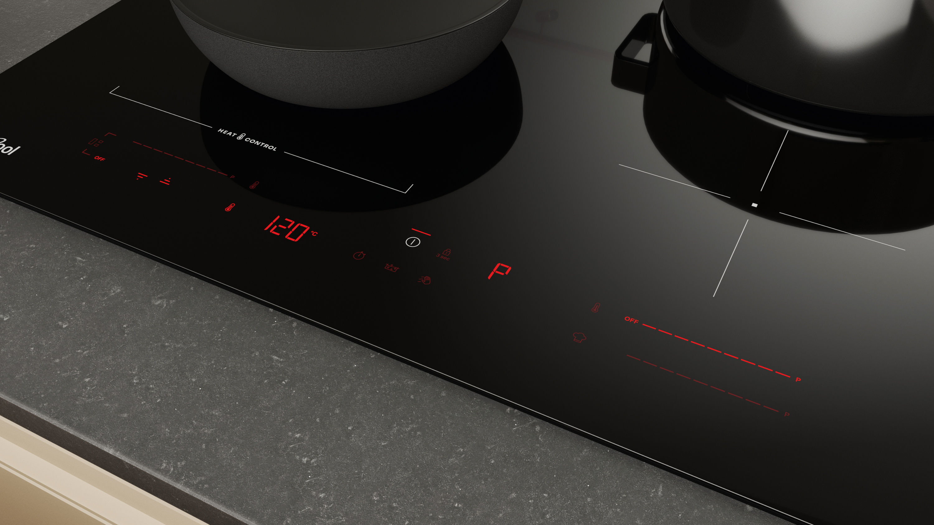 Czarna płyta indukcyjna z garnkiem i patelnią, wyświetlająca czerwone cyfrowe elementy sterujące i temperaturę 120 stopni.