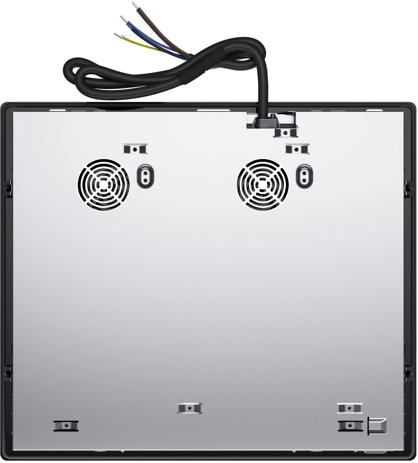 Spód czarnej płyty indukcyjnej. Pokazuje wentylatory, okablowanie i osprzęt montażowy. Przewody są brązowe, niebieskie, żółte i szare.