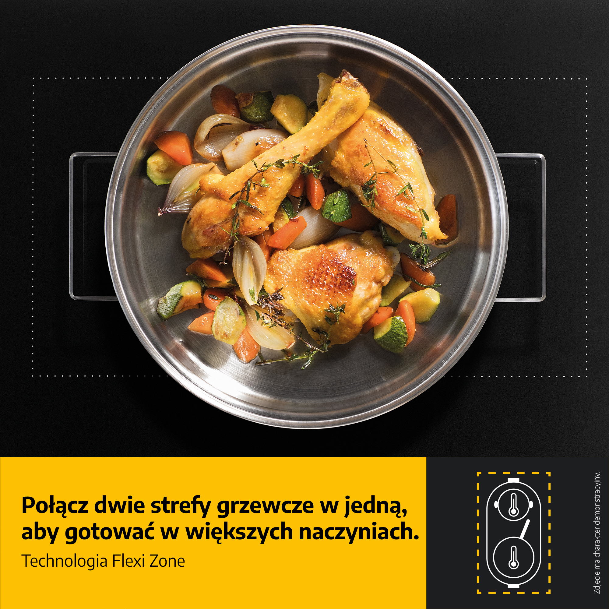 Pieczony kurczak z warzywami na patelni na czarnej płycie grzewczej. Tekst: Połącz dwie strefy grzewcze dla większych naczyń.