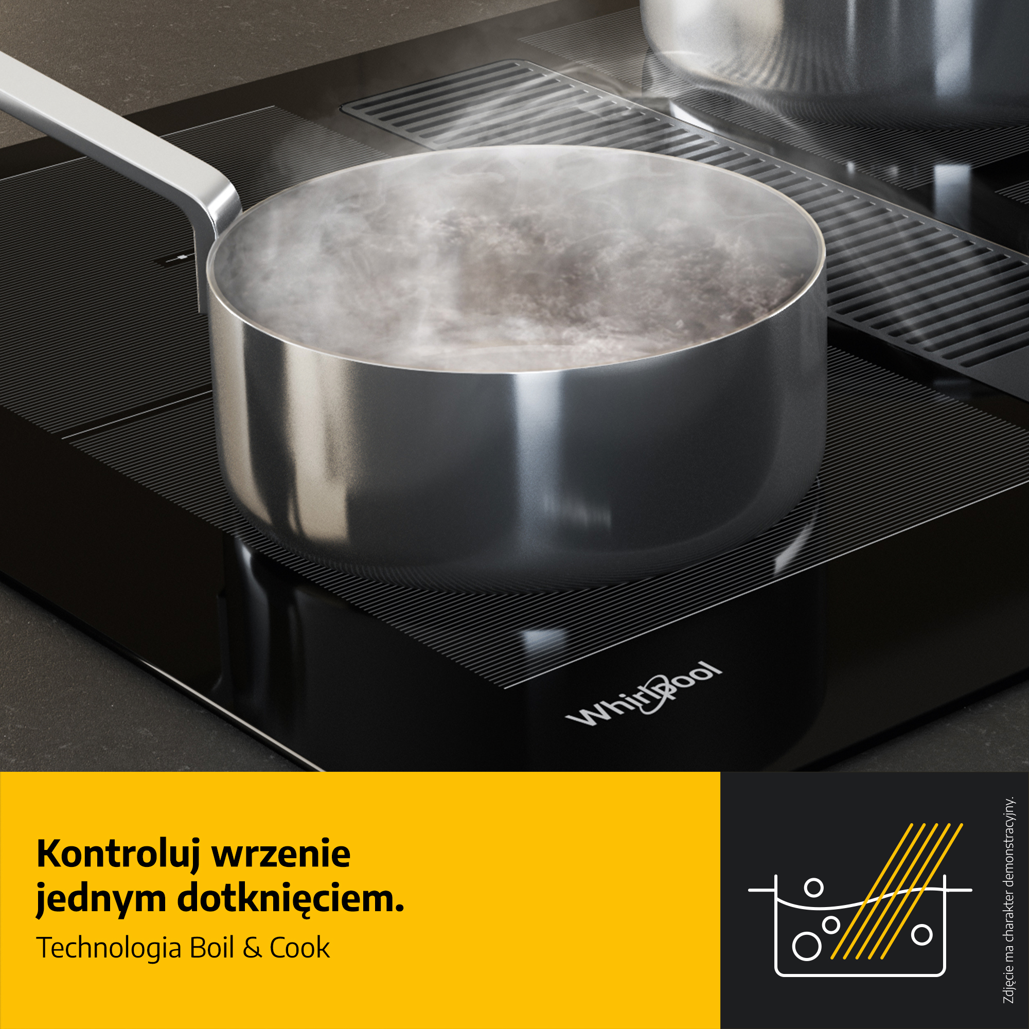 Garnek z wrzącą wodą na czarnej płycie kuchennej. Para unosi się. Widoczne jest logo Whirlpool.