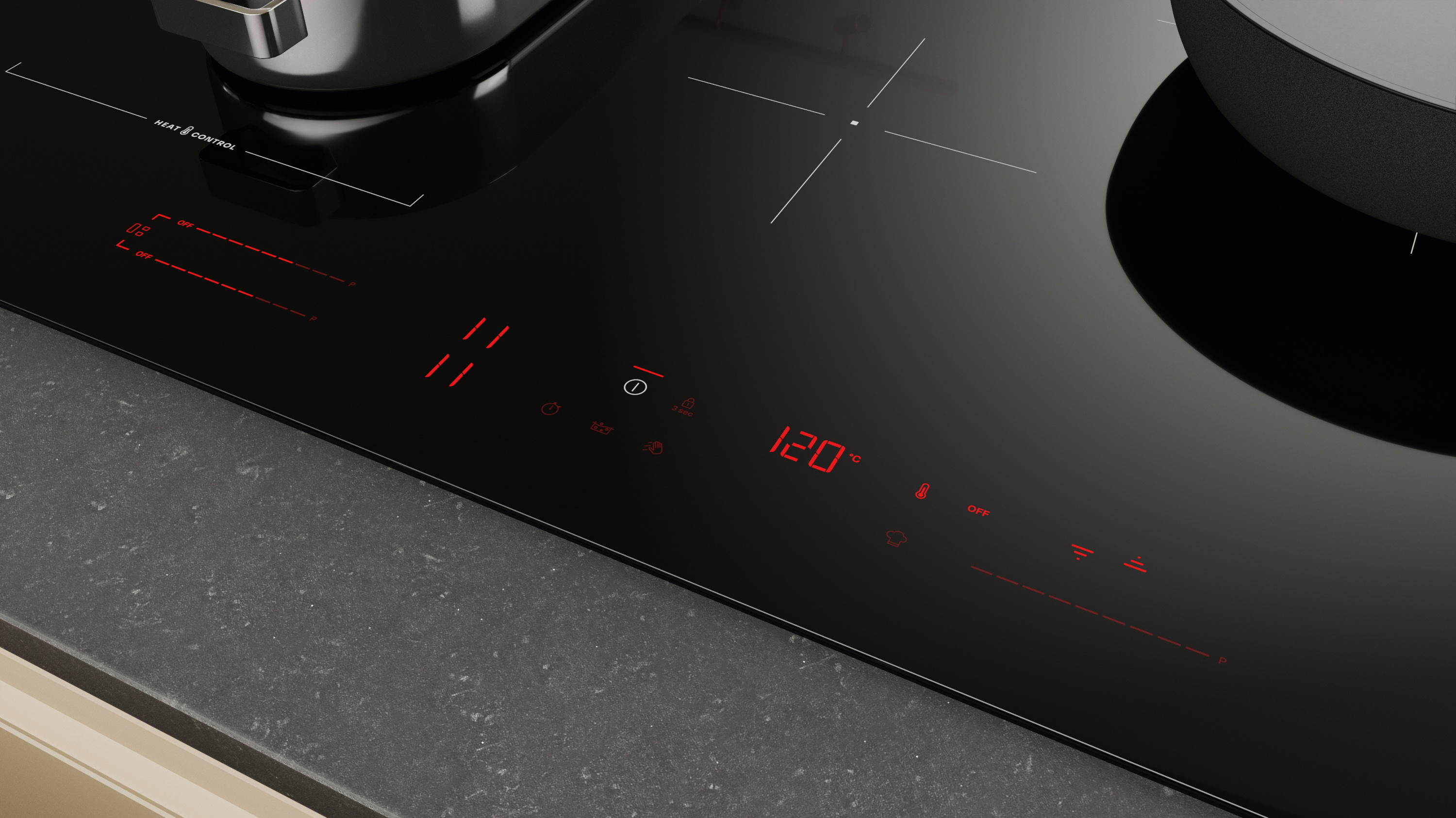 Czarna płyta indukcyjna z czerwonym wyświetlaczem cyfrowym. Pokazuje temperaturę 120°C. Widoczne są dwa garnki.
