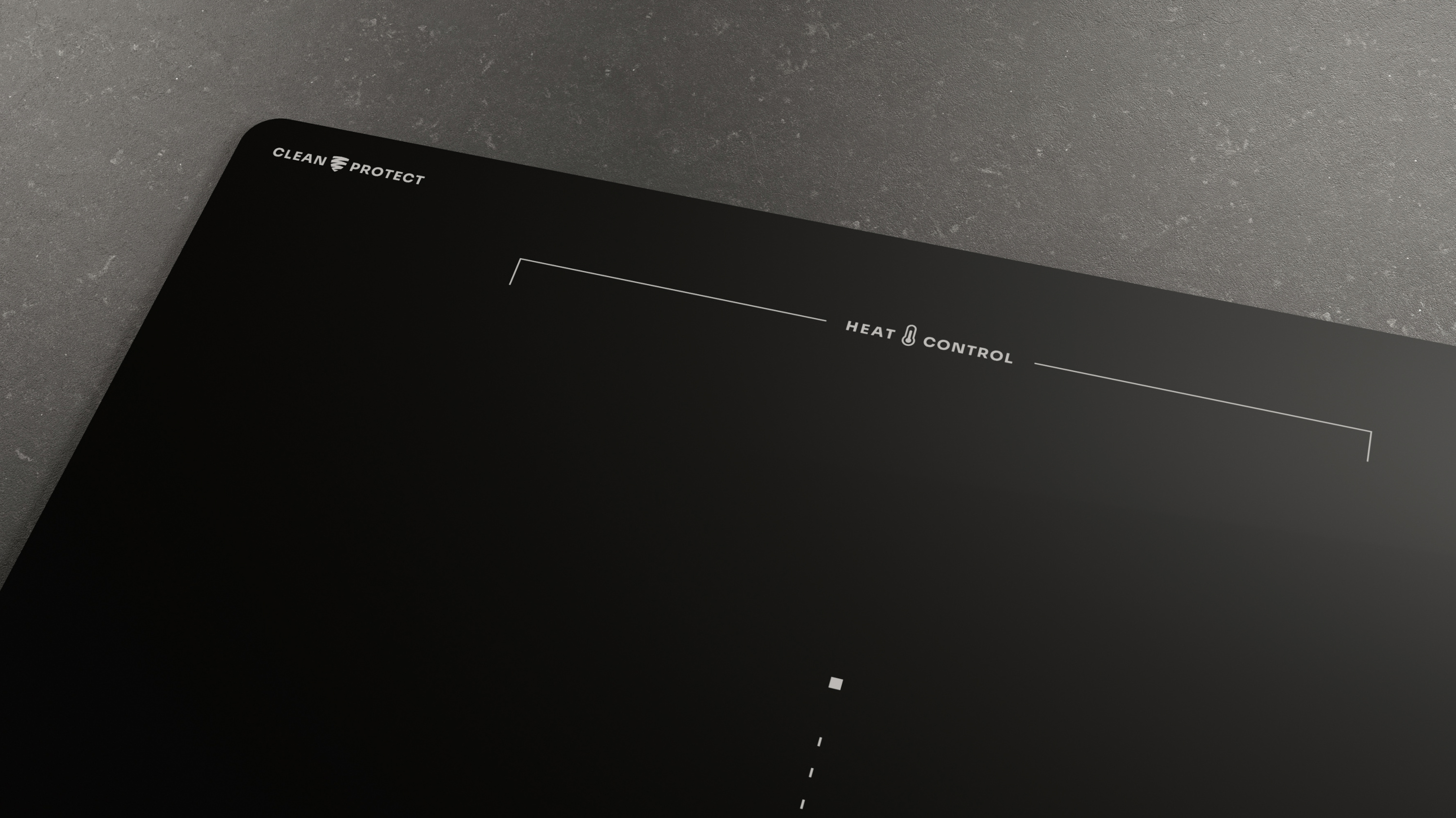 Czarna płyta indukcyjna ze srebrnym napisem: CLEAN PROTECT, HEAT CONTROL. Szare tło. Linie i kropki do sterowania.