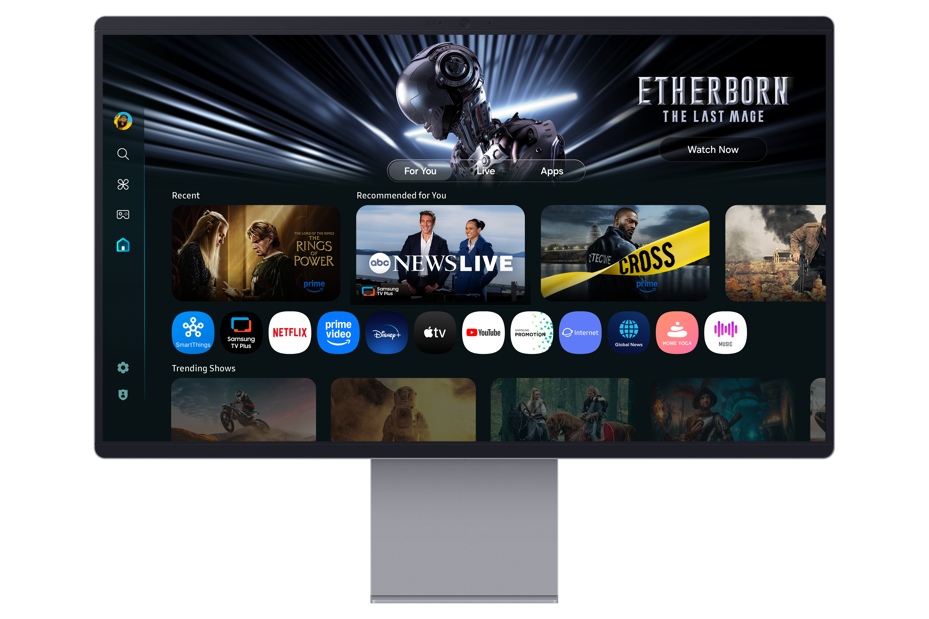 Bir TV ekranı, film ve uygulama simgeleriyle bir akış hizmeti arayüzünü gösteriyor. Üstte robot benzeri bir figür var.