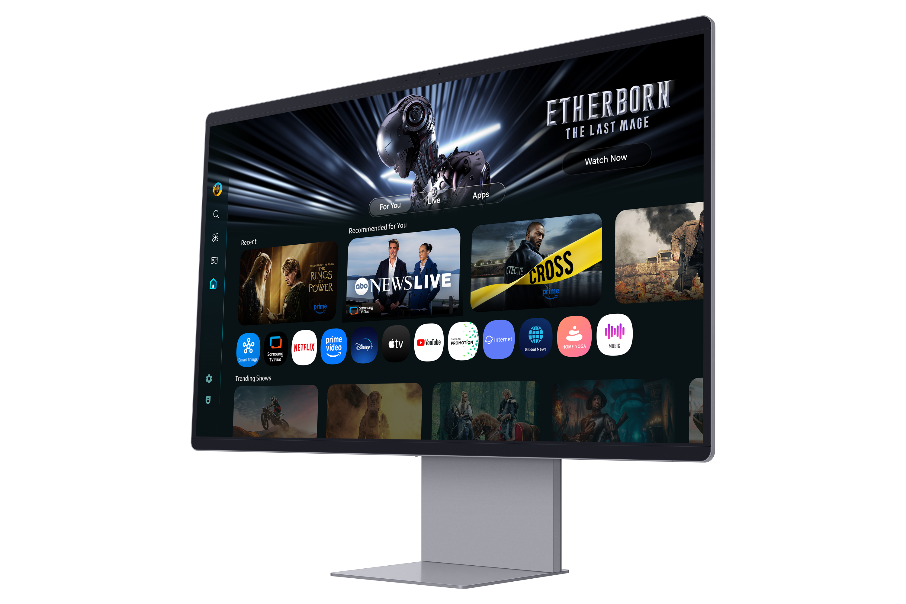 Bir TV ekranı Netflix, Prime Video ve haberler gibi uygulamaları gösteriyor. 'Etherborn' adlı bir program oynatılıyor.