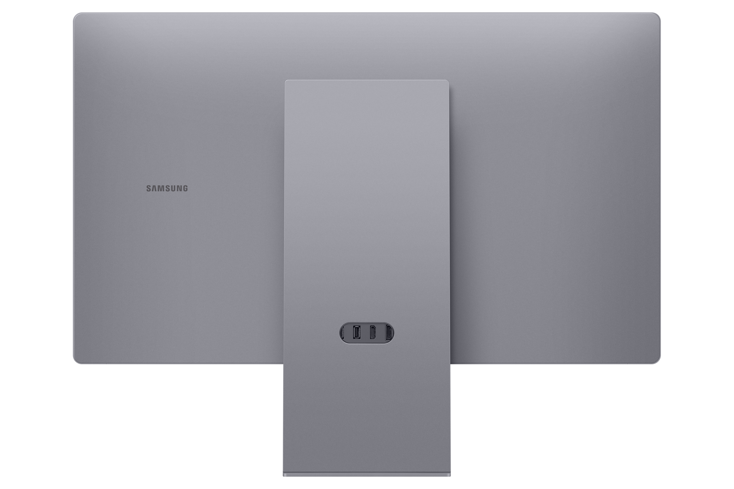 Merkezi standlı gri bir bilgisayar monitörünün arka görünümü. Samsung logosu görünür. Altta iki USB bağlantı noktası.