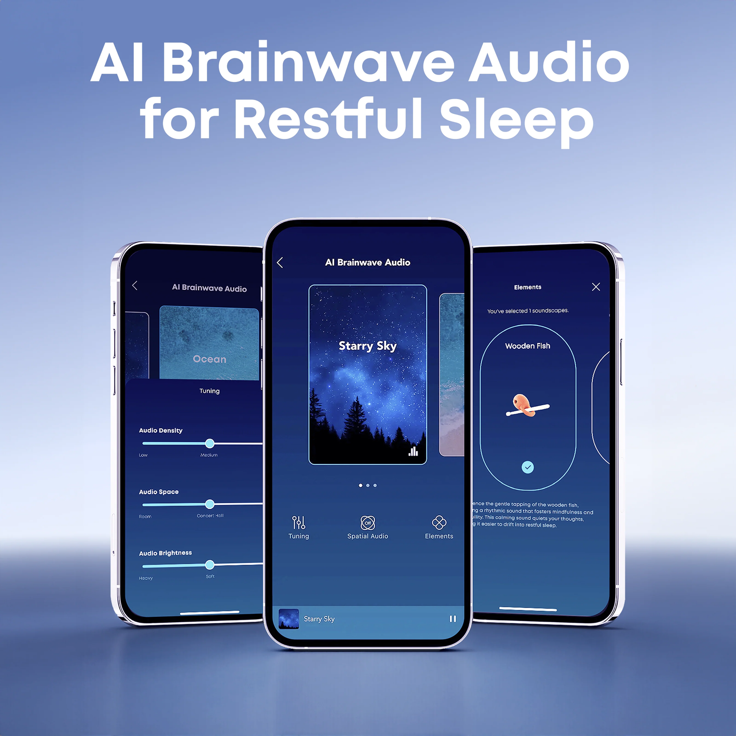 Three smartphones display an AI brainwave audio app. Options include ocean sounds, starry sky, and wooden fish sounds for sleep.