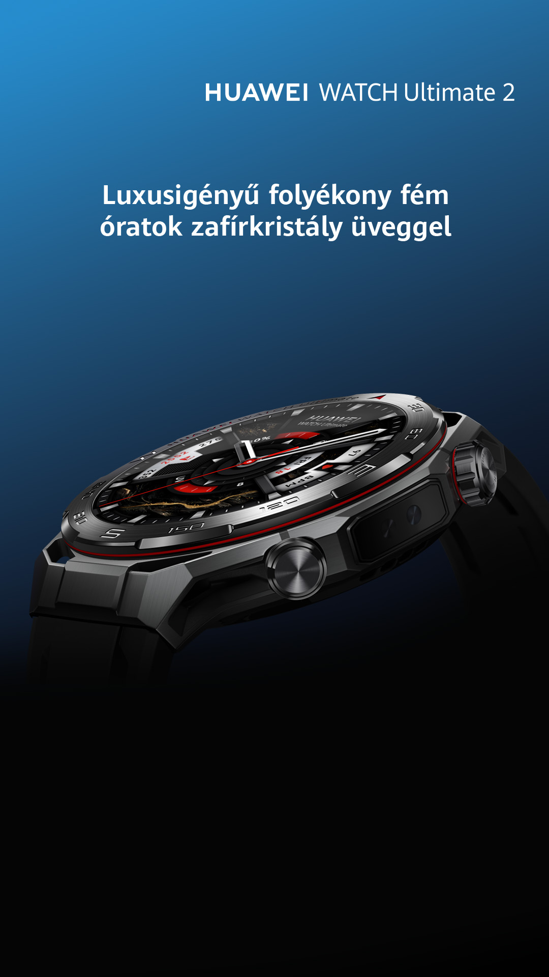 A Huawei Watch Ultimate 2 közeli képe. Fekete-ezüst dizájn piros akcentussal. A háttér kék.