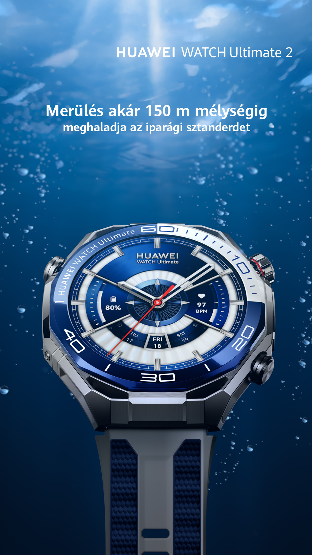 Kék-ezüst Huawei Watch Ultimate 2, dátumot és akkumulátor szintet mutat, víz alatt.