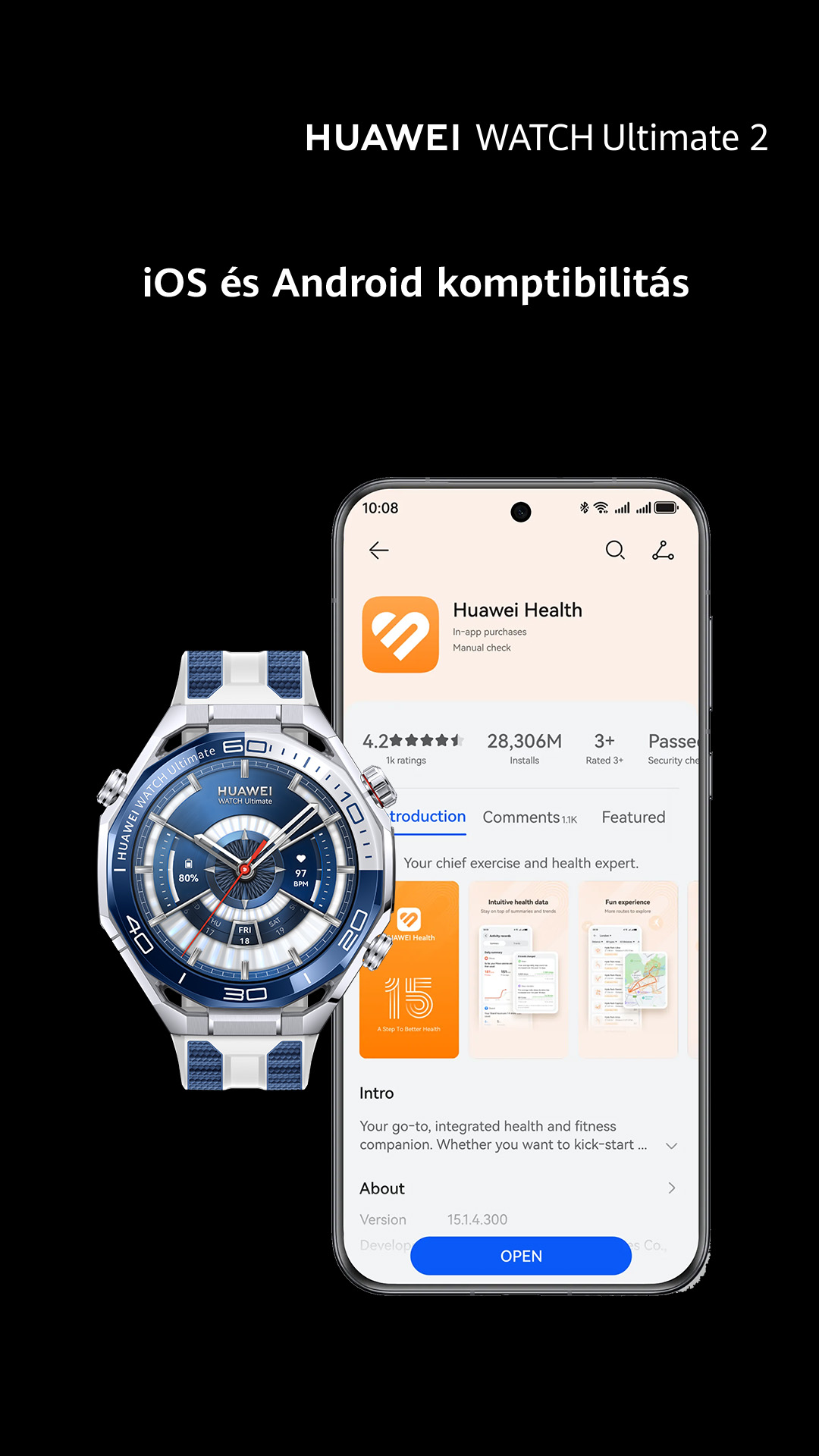 Egy Huawei Watch Ultimate 2 egy telefonnal, amely a Huawei Health alkalmazást mutatja fekete háttéren.