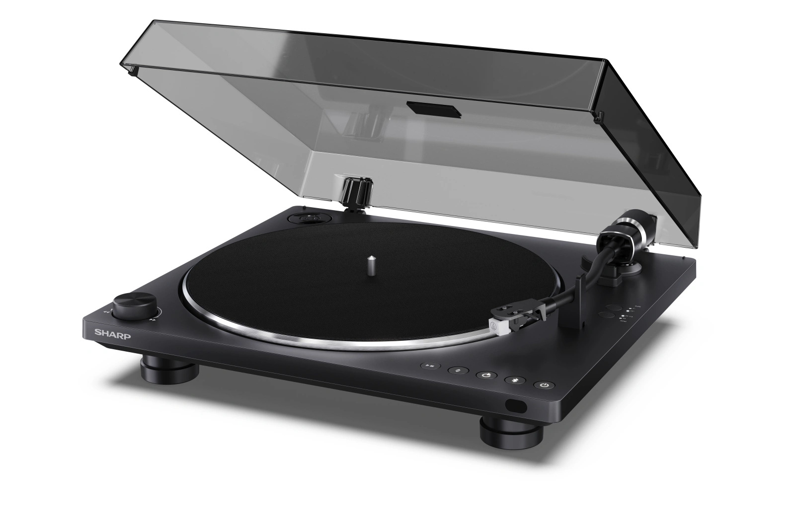 Czarny gramofon Sharp z otwartą, przezroczystą pokrywą. Ma czarny talerz, ramię i przyciski sterowania.