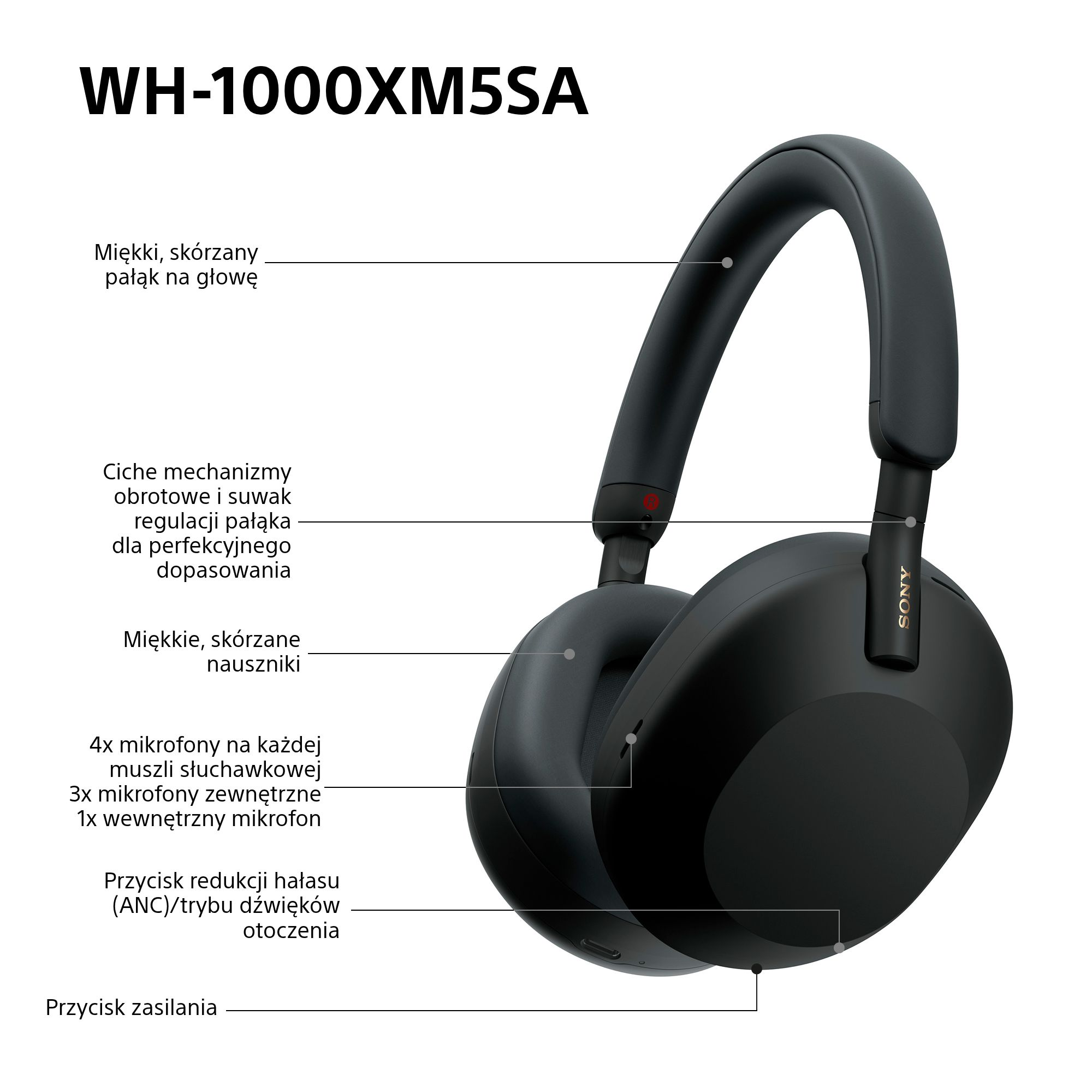 Czarne słuchawki Sony WH-1000XM5SA z miękkimi nausznikami i pałąkiem. Posiadają redukcję szumów i przycisk zasilania.