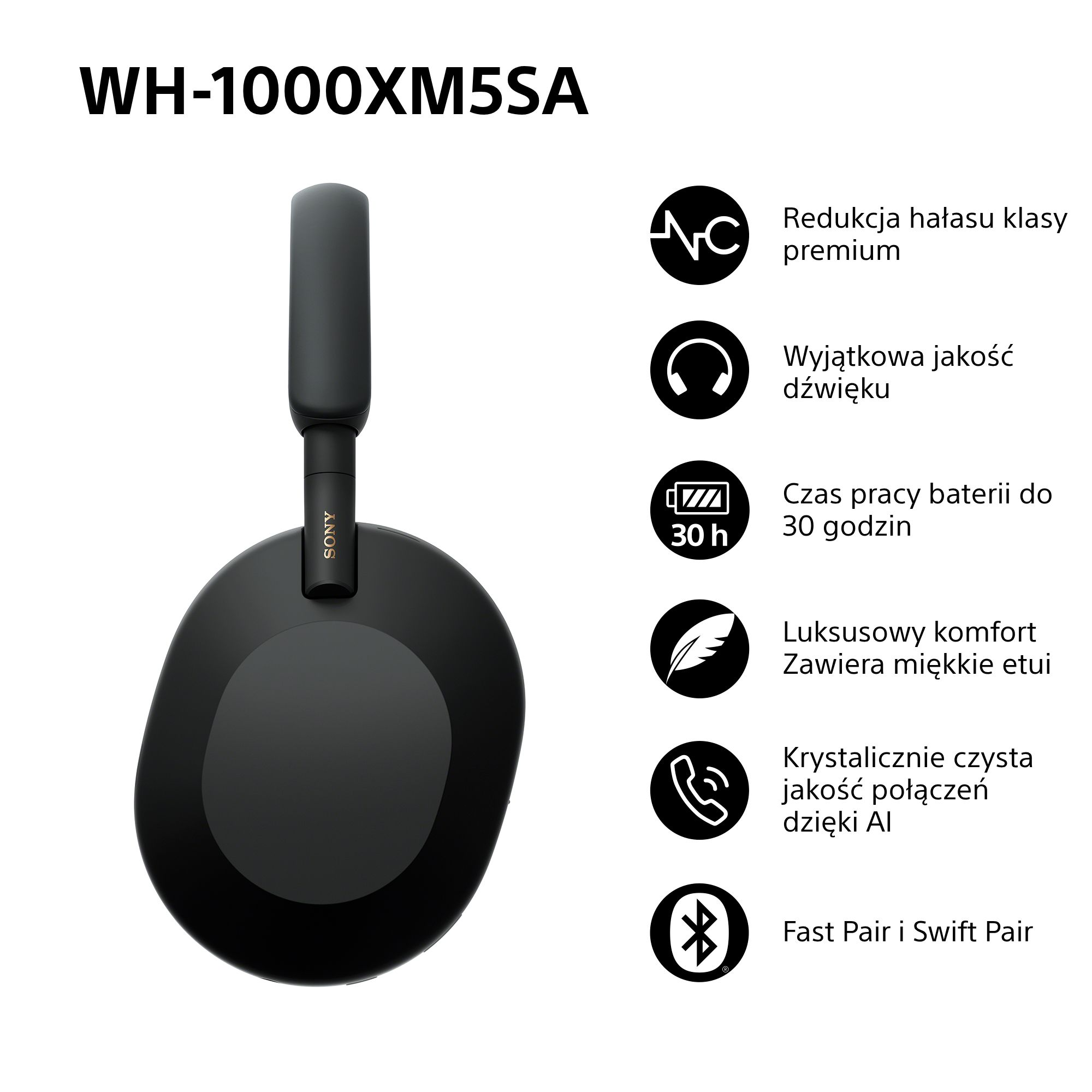 Czarne słuchawki Sony WH-1000XM5SA z ikonami funkcji produktu na białym tle.