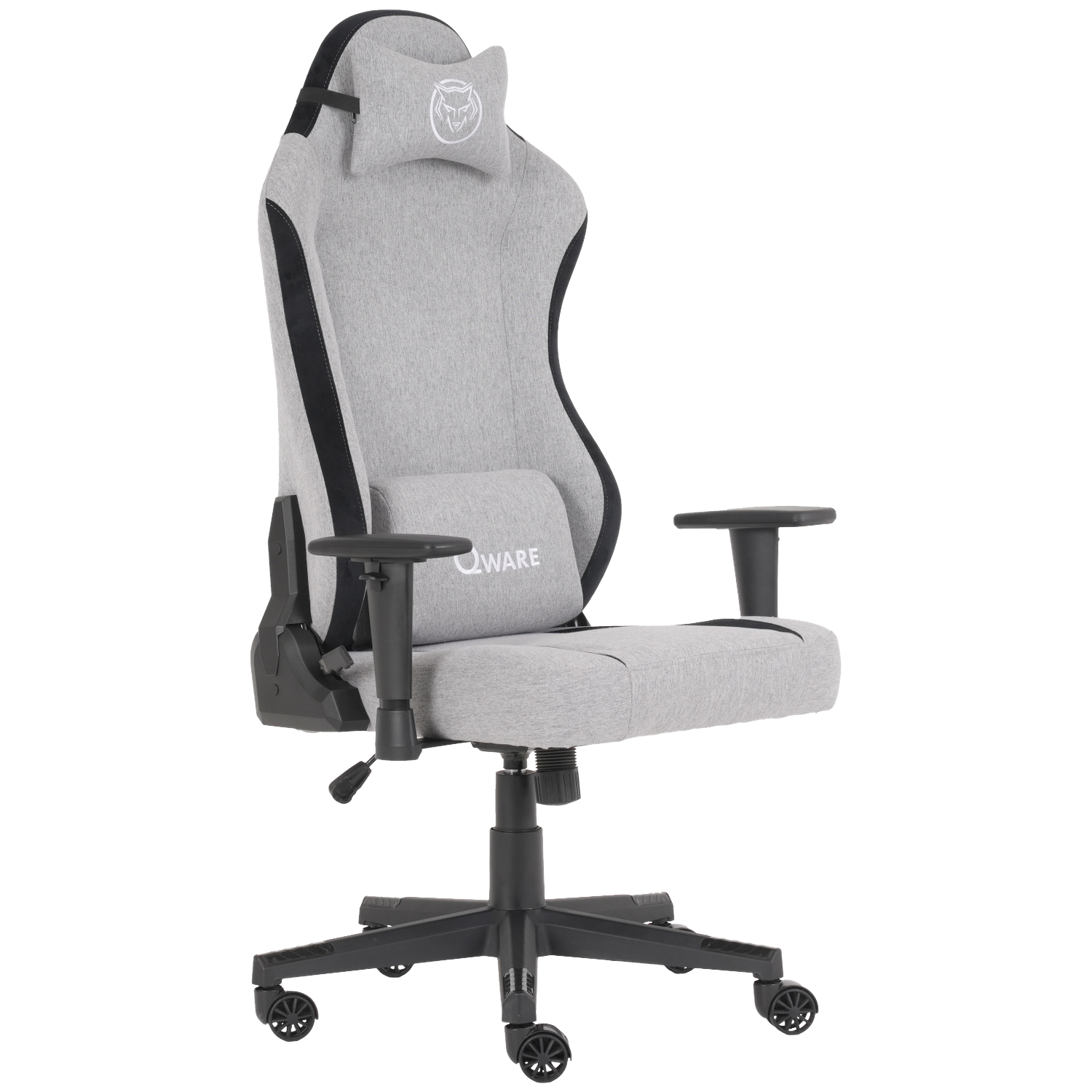 A gray and black gaming chair with a headrest and lumbar support. The chair has black armrests and a black base with wheels.
