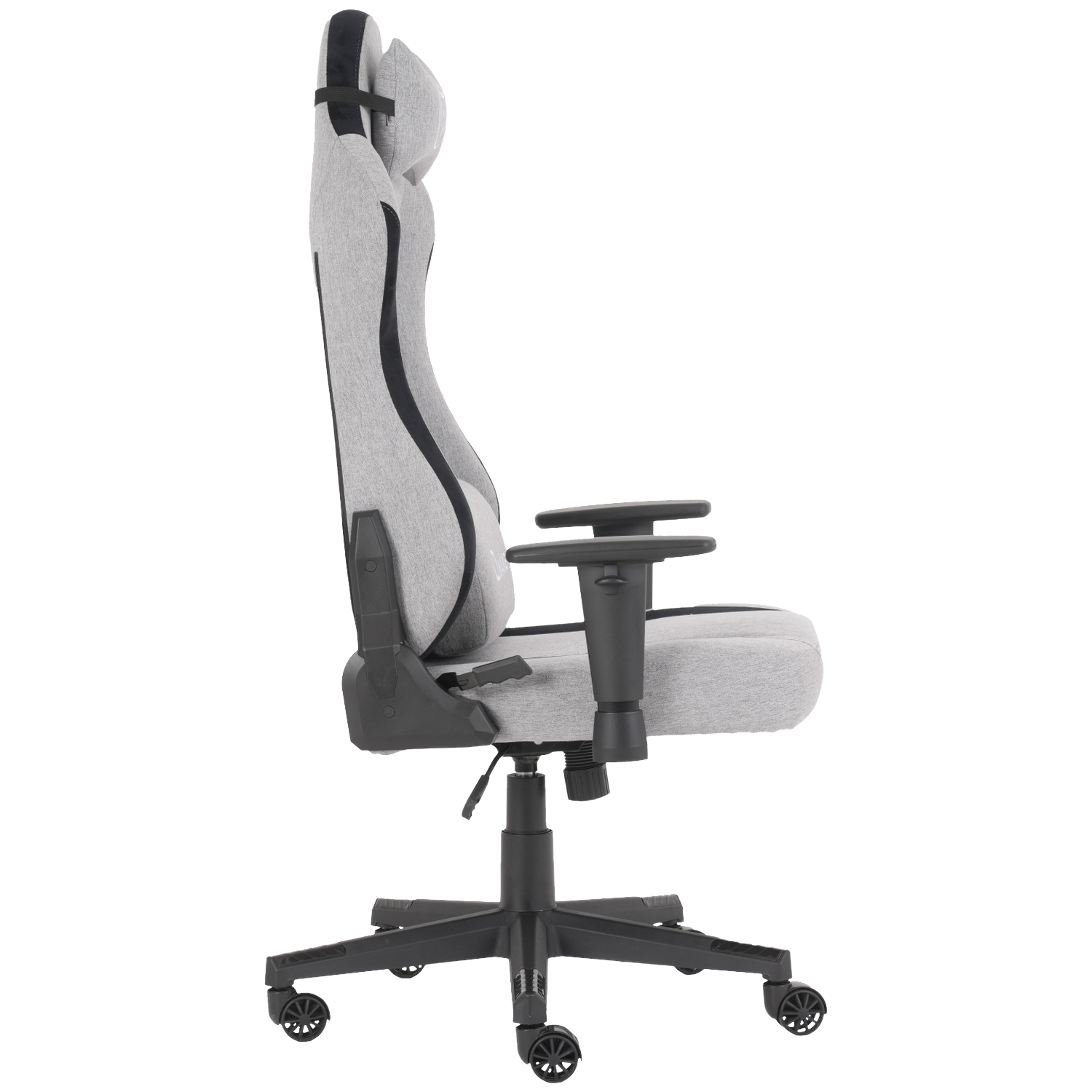A grey and black gaming chair on a white background. It has a headrest, armrests, and a five-wheel base.