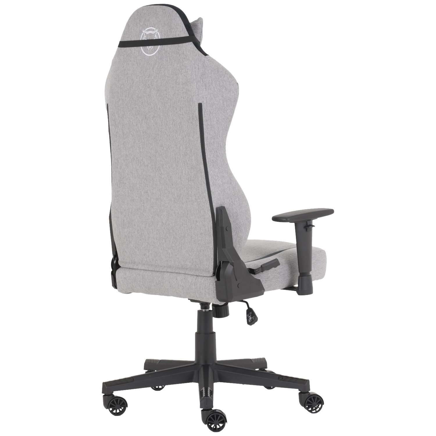 Gaming chair, gray fabric, black frame, five-wheel base, armrests. Back view. White background.