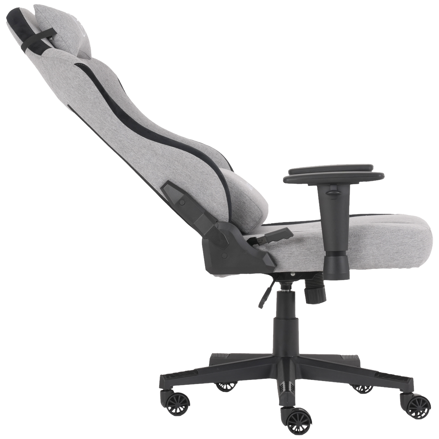 A gray and black gaming chair on a white background. The chair has a headrest, armrests, and wheels. It is angled to the left.