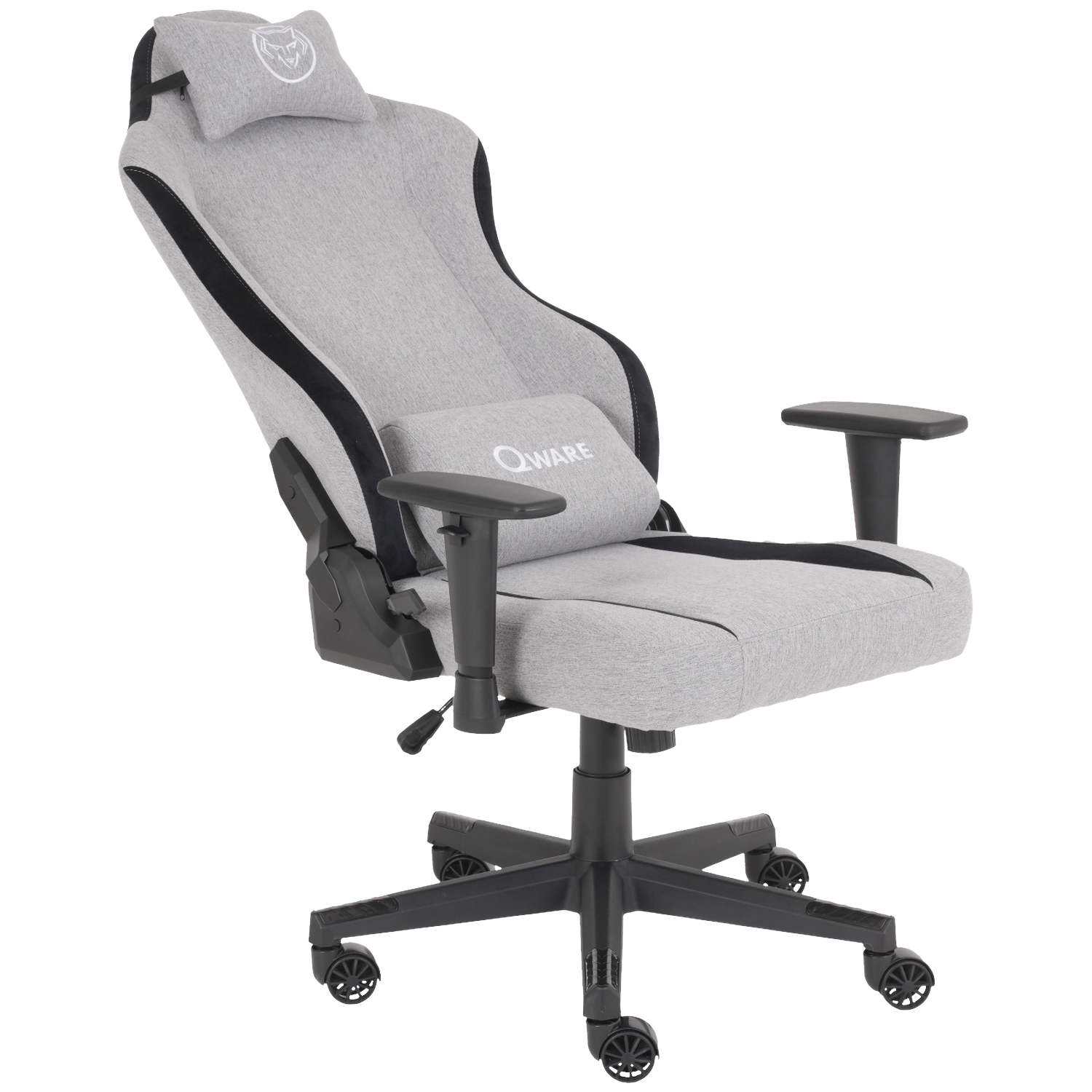 A gray and black gaming chair. It has a headrest with a logo, armrests, and a five-star base with wheels.