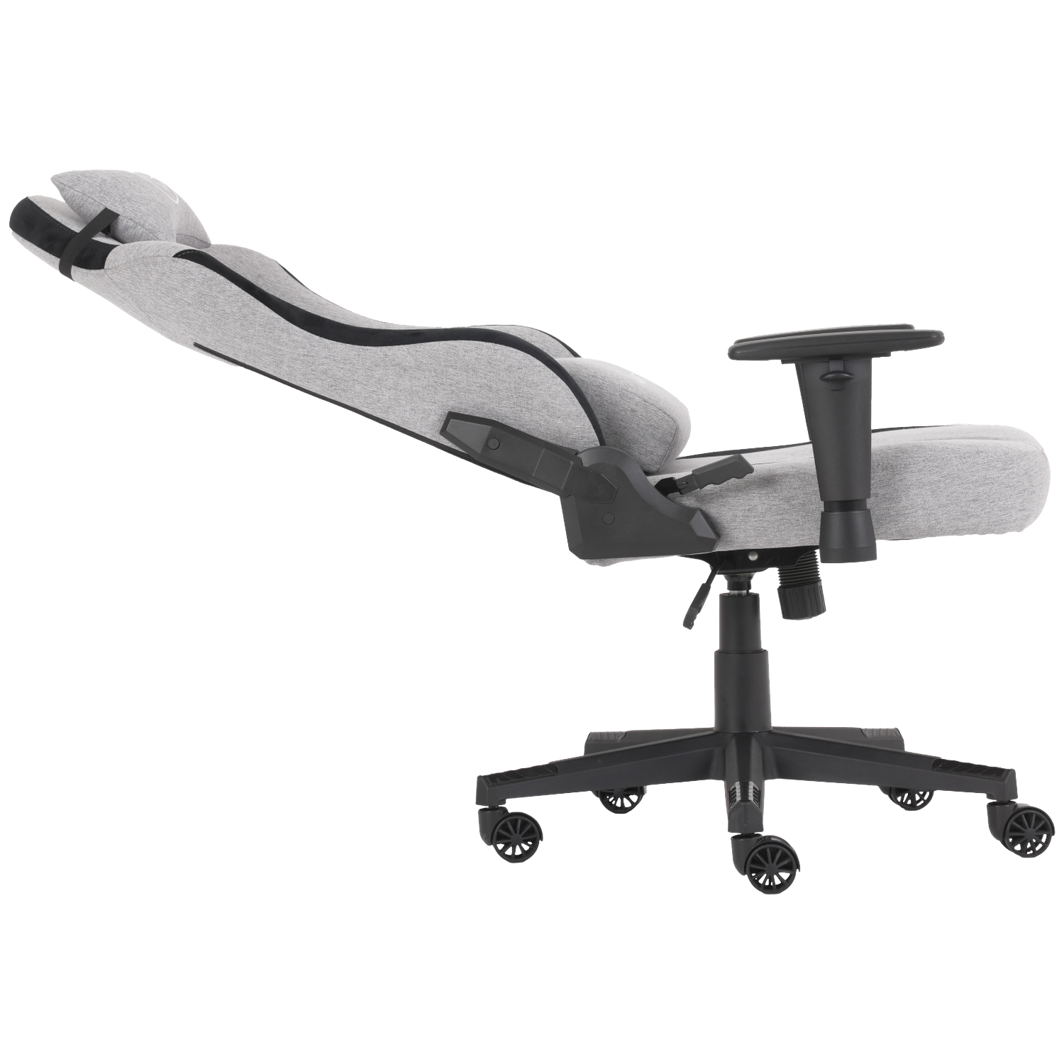 A grey and black ergonomic office chair. It has a headrest and armrests, and sits on a black base with wheels.