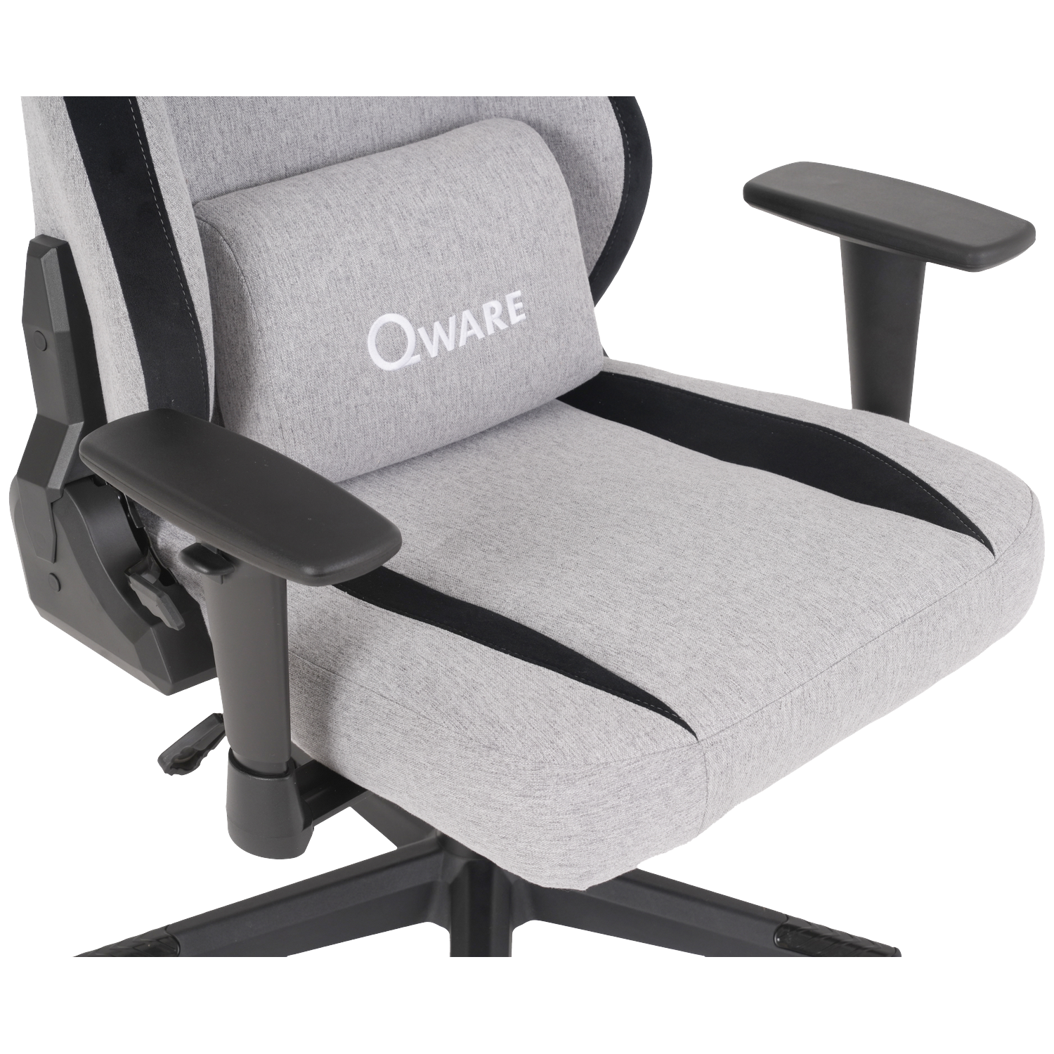 Close-up of a gray gaming chair with black accents. The chair has a headrest with 'QWARE' on it, and armrests. It is against a white background.