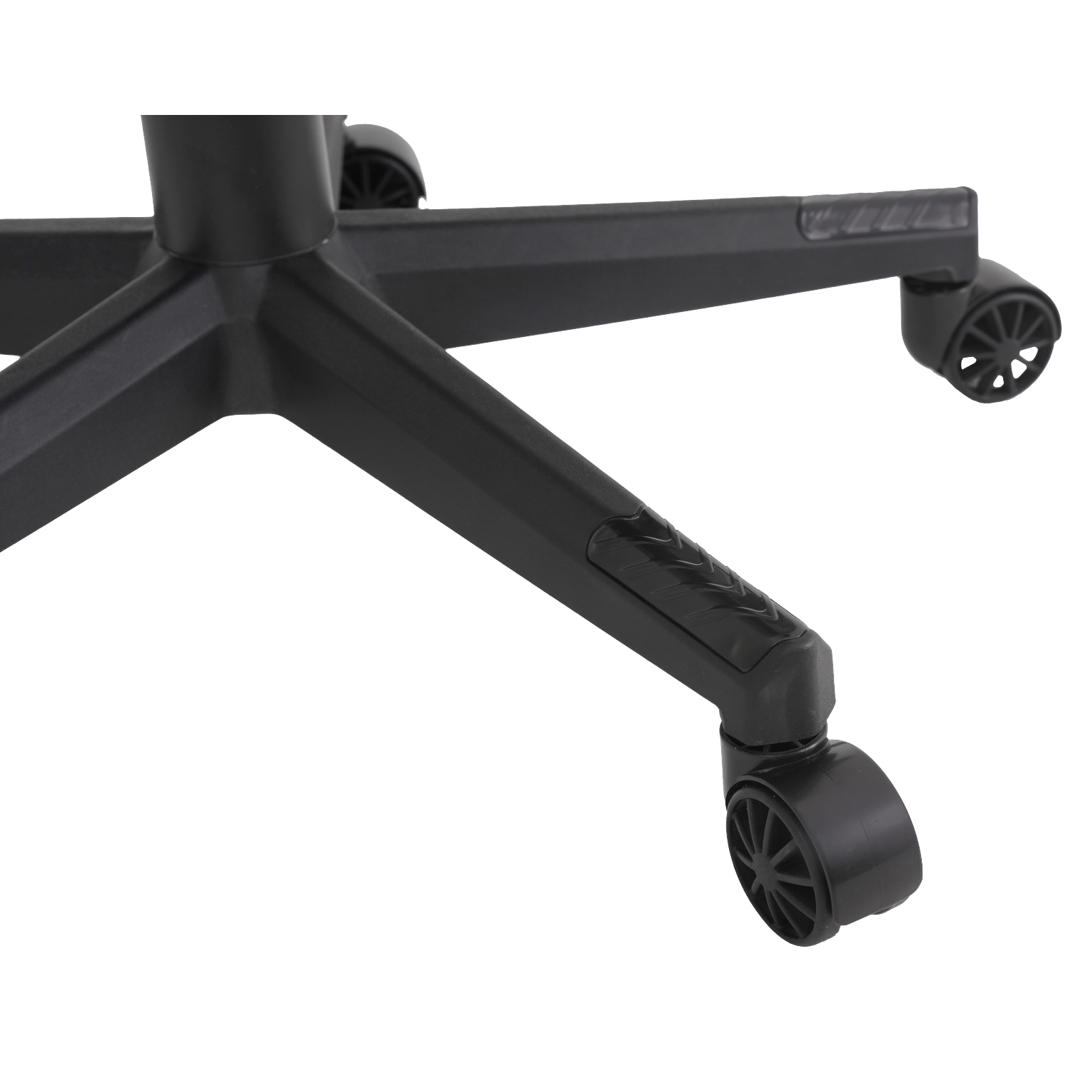 Close-up of a black office chair base with five legs. Each leg has a small black wheel at the end, set against a white background.