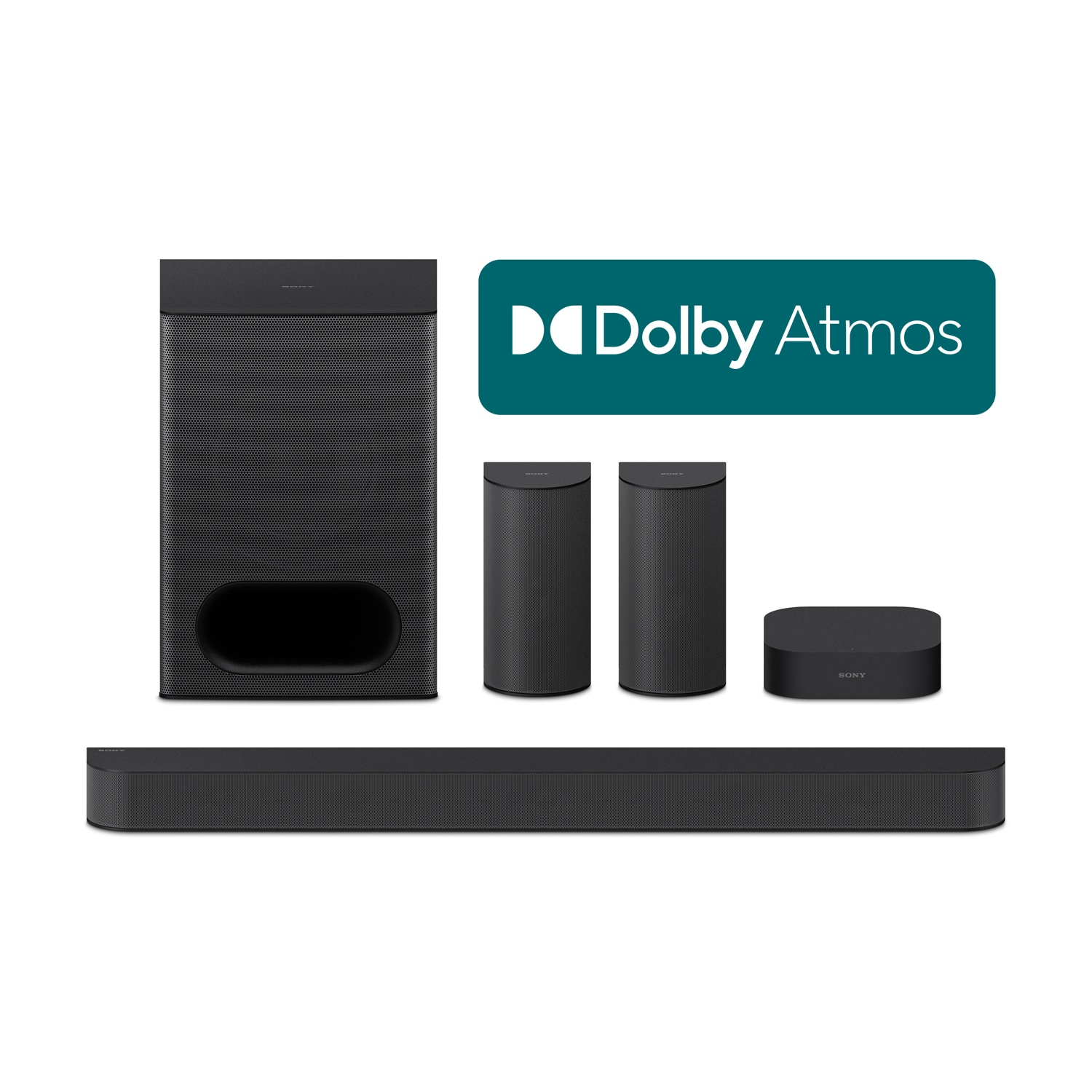 Sistema home theater nero con soundbar, subwoofer, due altoparlanti e un piccolo box. È presente anche il logo Dolby Atmos.