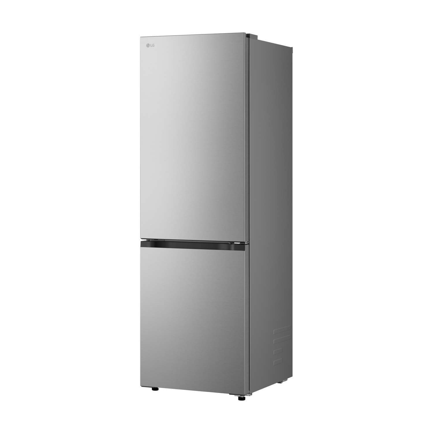 Un frigorifero LG argentato con una porta superiore e un cassetto inferiore. Il logo LG è sulla porta superiore. Lo sfondo è bianco.