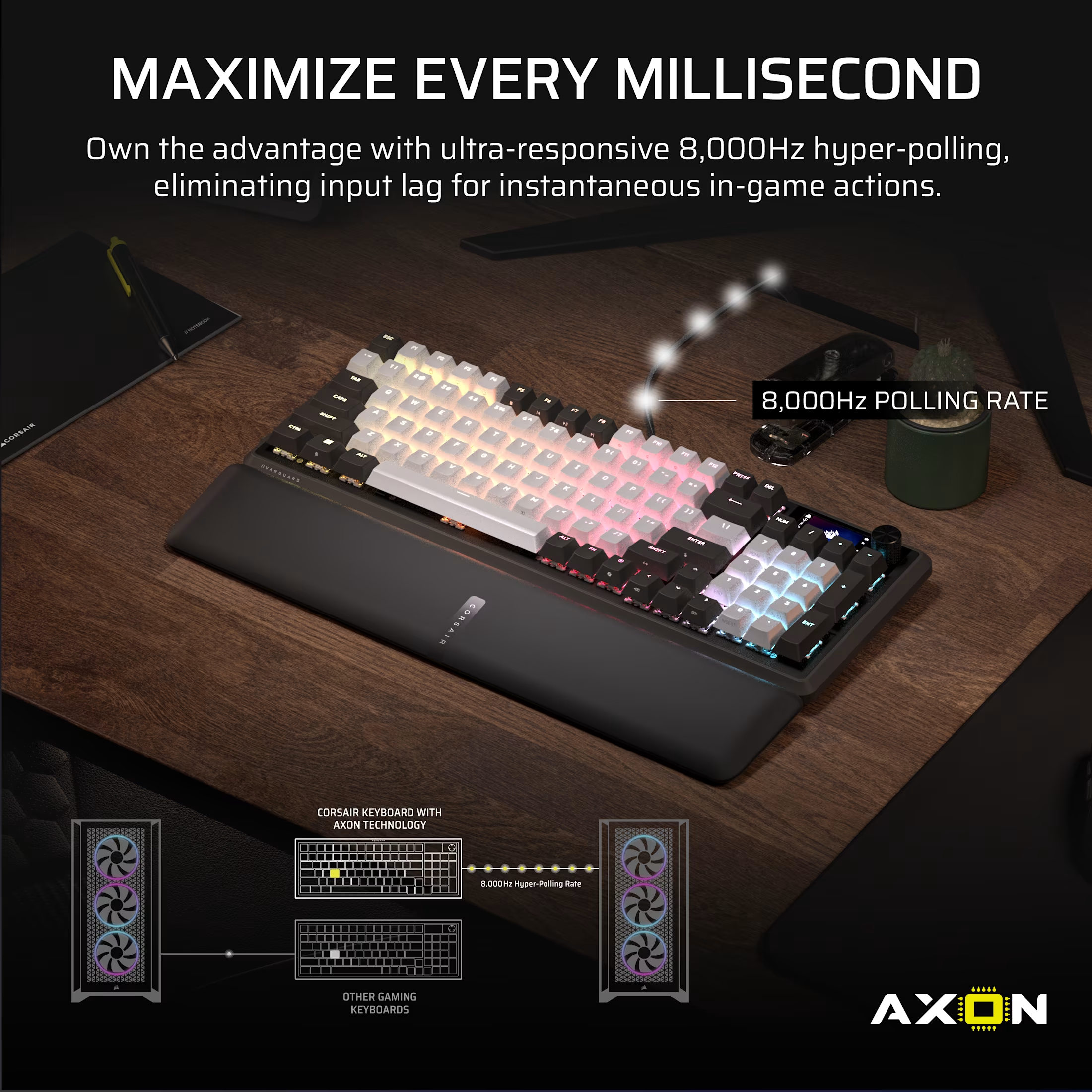 Un clavier de jeu avec des touches colorées sur un bureau en bois. Il dispose d'un taux d'interrogation de 8 000 Hz et de la technologie AXON.