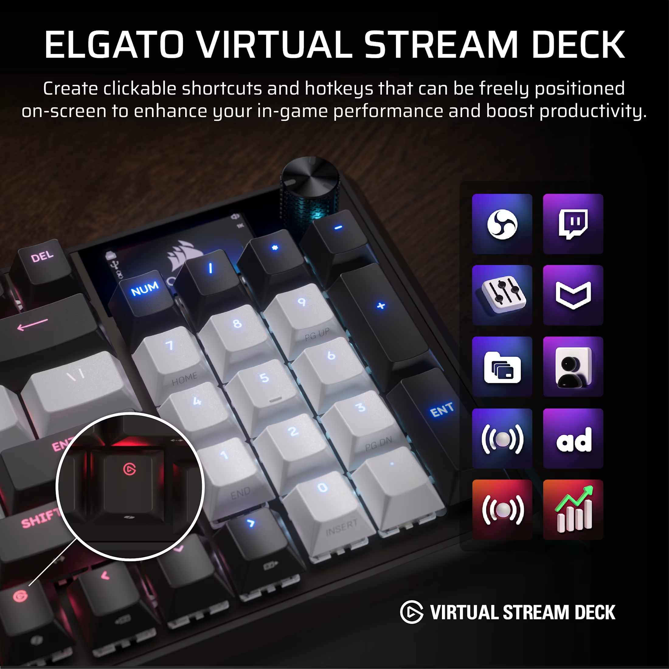 Un clavier avec des touches blanches et noires. À droite, des icônes d'applications de streaming. Le texte dit 'Virtual Stream Deck'.