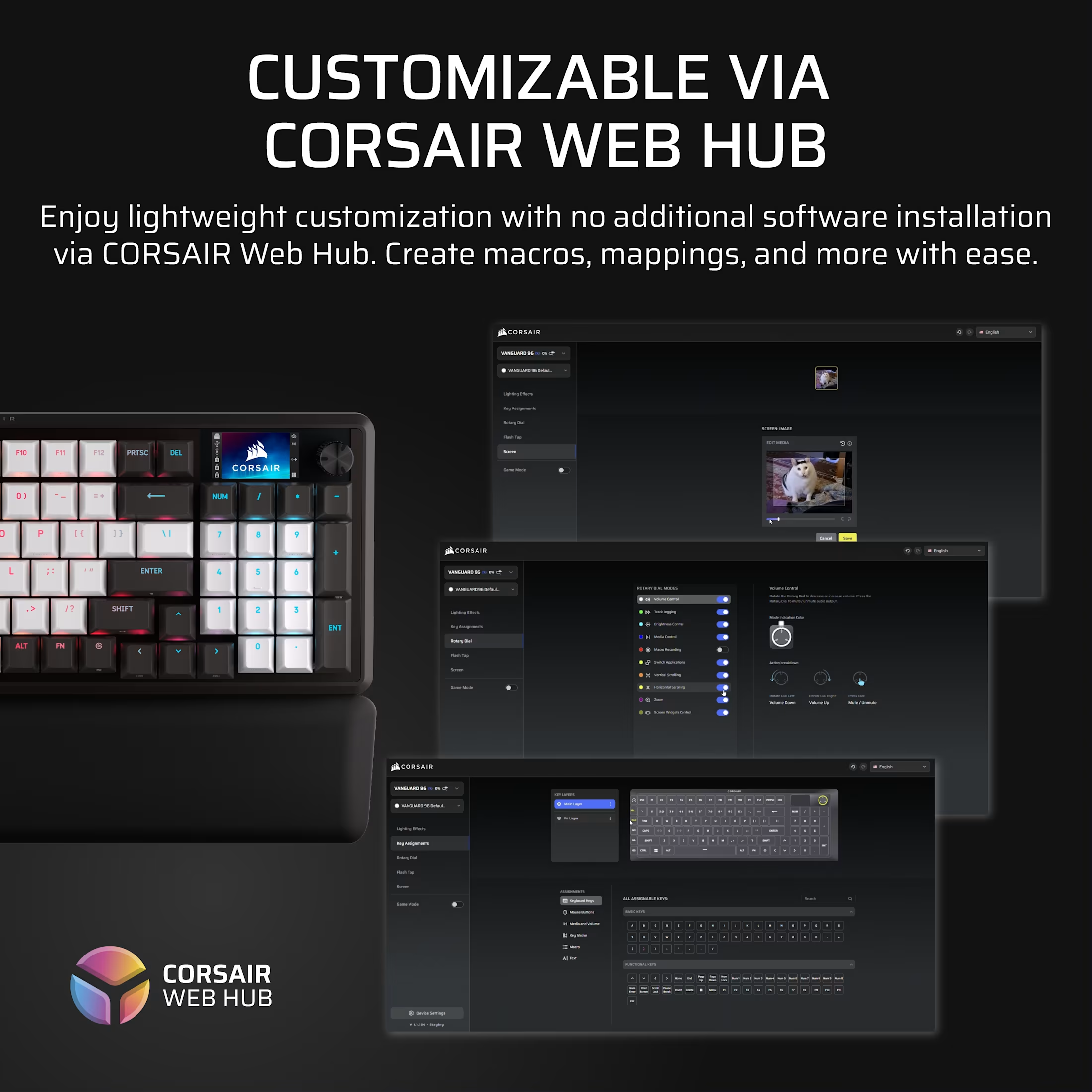 Image montre un clavier avec paramètres personnalisables via Corsair Web Hub, présentant macros et mappages pour faciliter.
