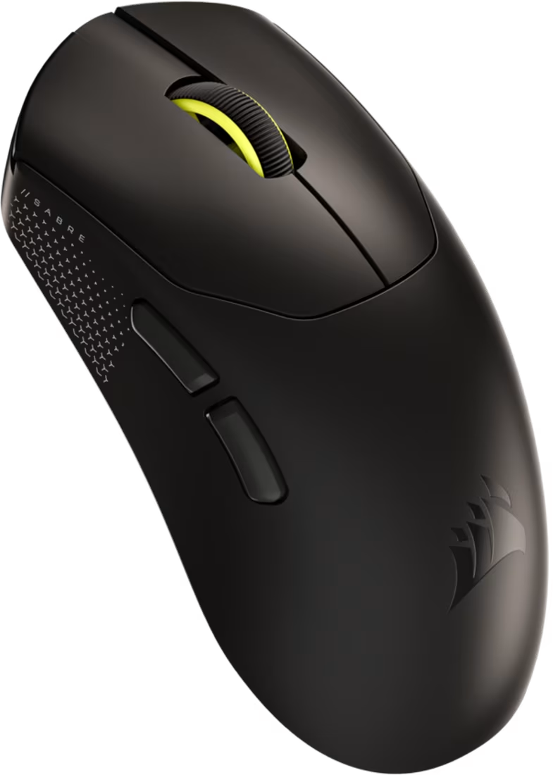 Mouse da gaming wireless Corsair Sabre RGB Pro nero. È dotato di rotella di scorrimento gialla e pulsanti laterali. Logo Corsair visibile.