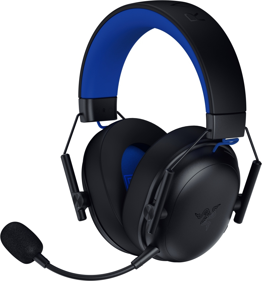 Schwarzes und blaues Razer-Gaming-Headset. Verfügt über ein Mikrofon, Over-Ear-Ohrmuscheln und ein gepolstertes Kopfband. Razer-Logo sichtbar.