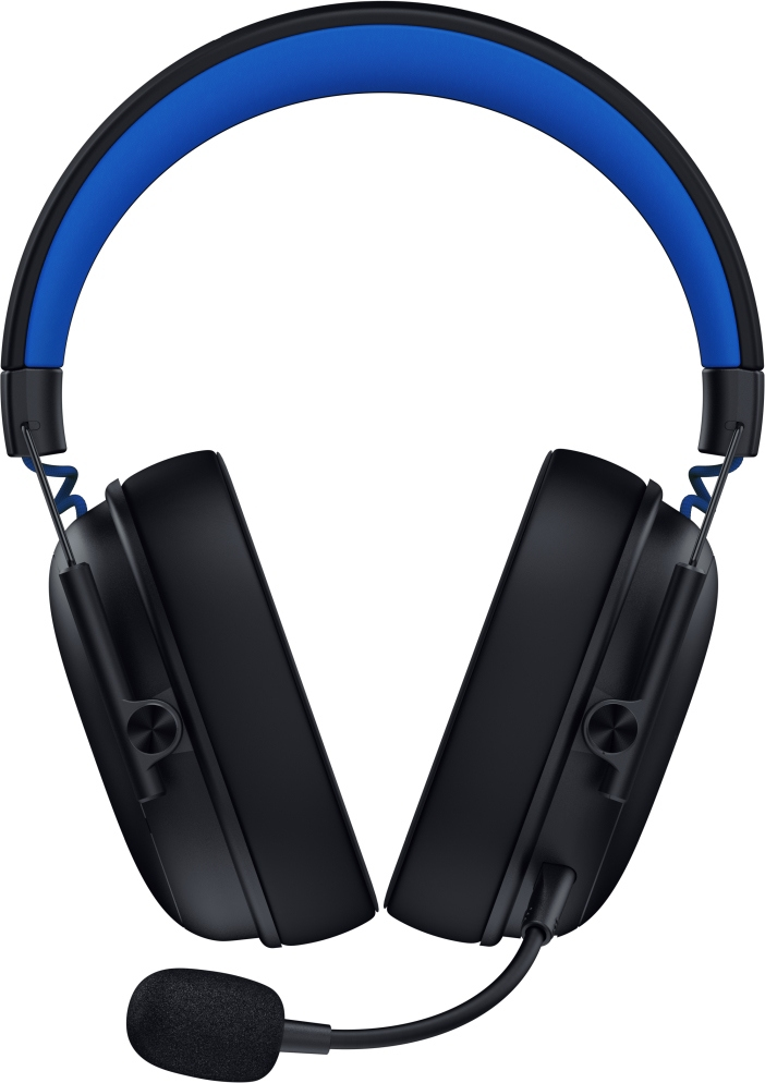 Schwarzes Gaming-Headset mit blauen Akzenten. Verfügt über ein Mikrofon und Ohrmuscheln. Der Kopfbügel ist schwarz mit blauer Polsterung.