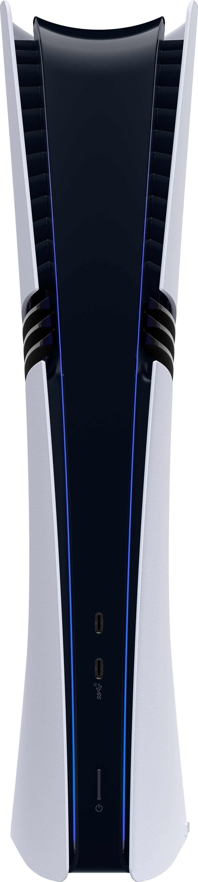 Une console PlayStation 5 verticale. Elle a des panneaux latéraux blancs, un centre noir et un éclairage bleu.