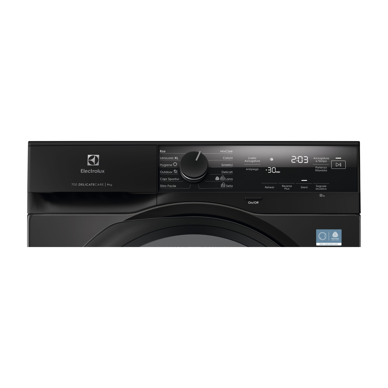 Pannello comandi asciugatrice Electrolux nero con varie opzioni di lavaggio e display digitale.