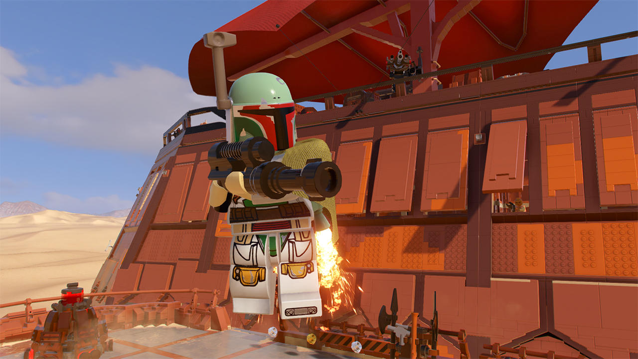 Lego Boba Fett strzela z wyrzutni rakiet. Stoi przed brązowym pojazdem w scenerii pustynnej.