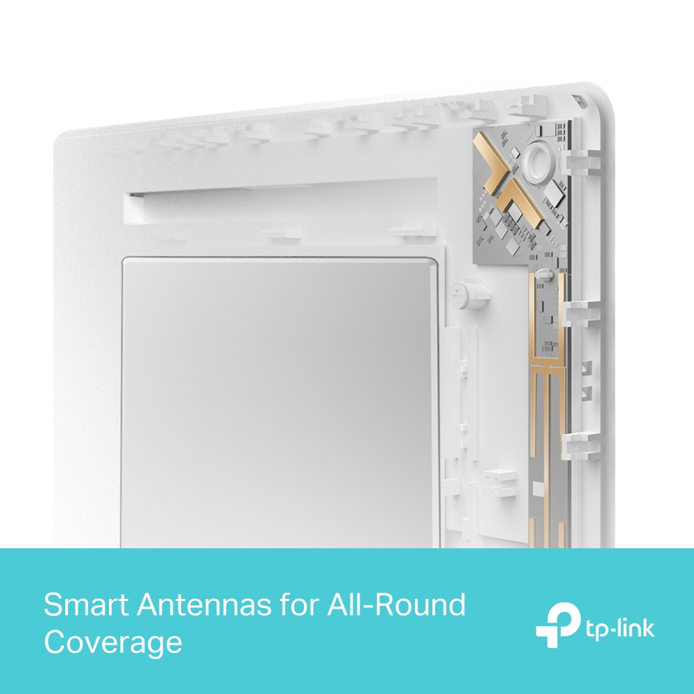 Weißer Router mit freigelegten internen Komponenten. Gold- und Silberschaltungen sind sichtbar. Unten: Text 'Smart Antennas for All-Round Coverage'.