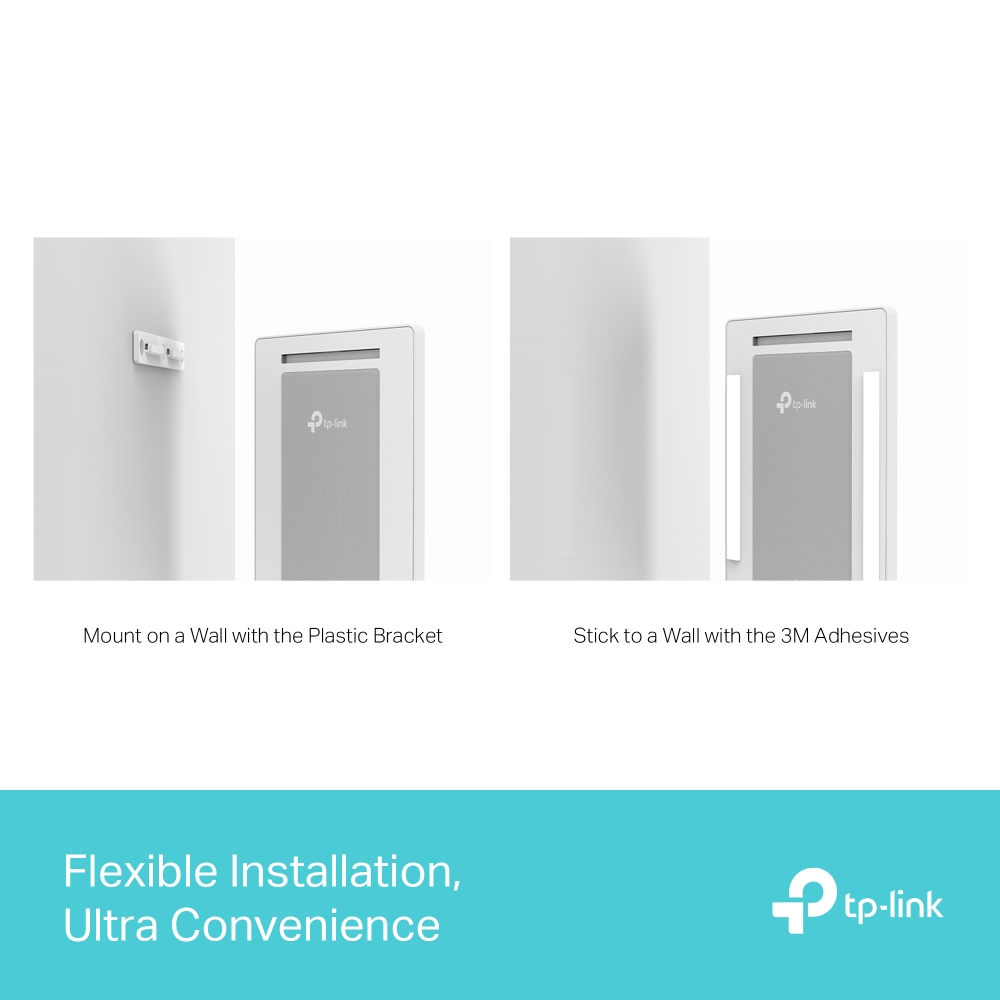 Zwei weiße Geräte an weißen Wänden, eines mit Halterung, das andere mit Klebestreifen. Text lautet: 'Flexible Installation, Ultra Convenience'.