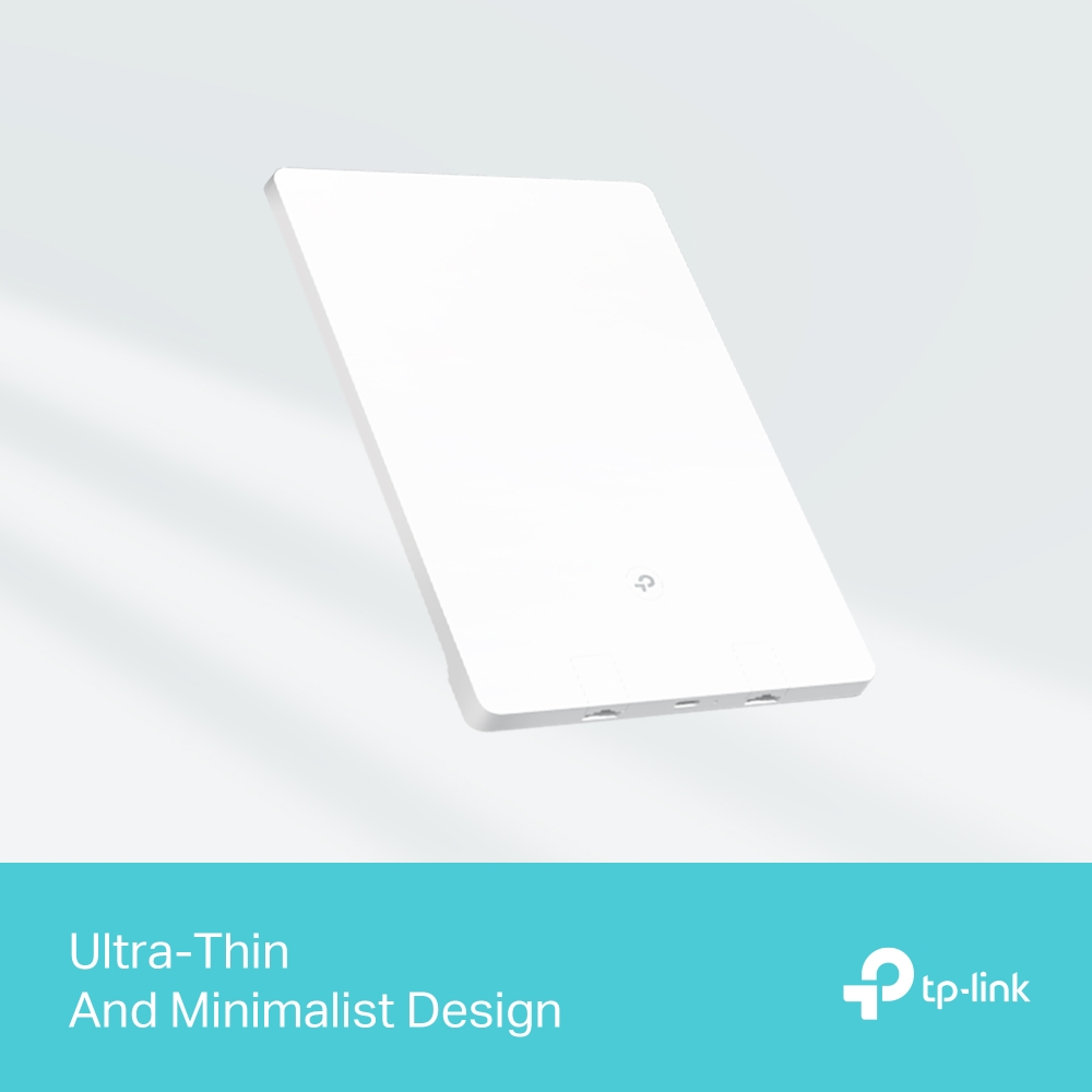 Ein weißes, rechteckiges TP-Link-Gerät. Es hat ein minimalistisches Design mit kleinen Anschlüssen unten. Der Hintergrund ist hellgrau.