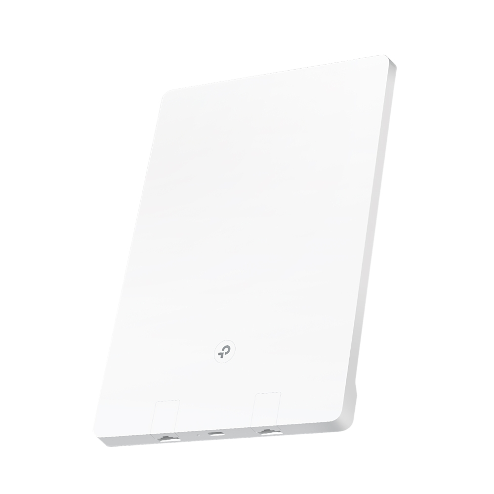 Ein weißer TP-Link WLAN-Zugangspunkt auf weißem Hintergrund. Es hat zwei Anschlüsse und ein TP-Link-Logo.