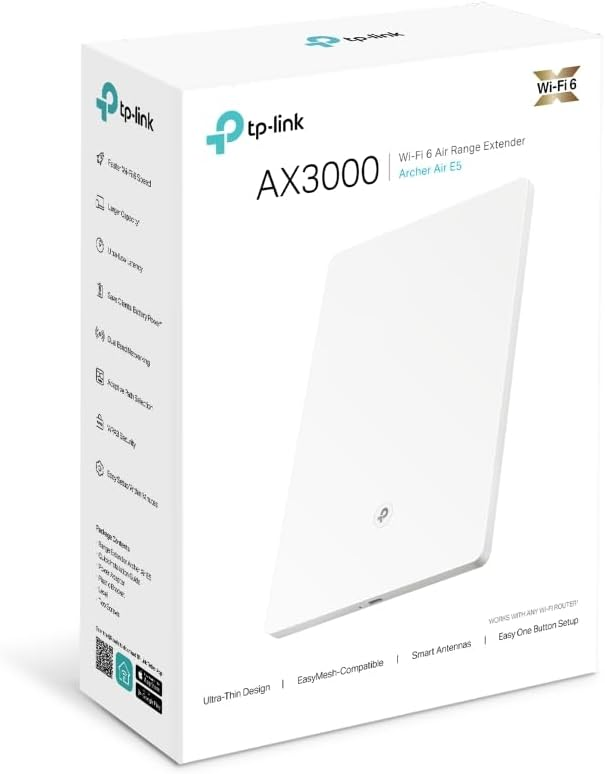 Eine weiße tp-link-Box für einen Wi-Fi 6 Air Range Extender, Archer Air E5. Die Box enthält Produktdetails, Logos und ein Bild des Geräts.