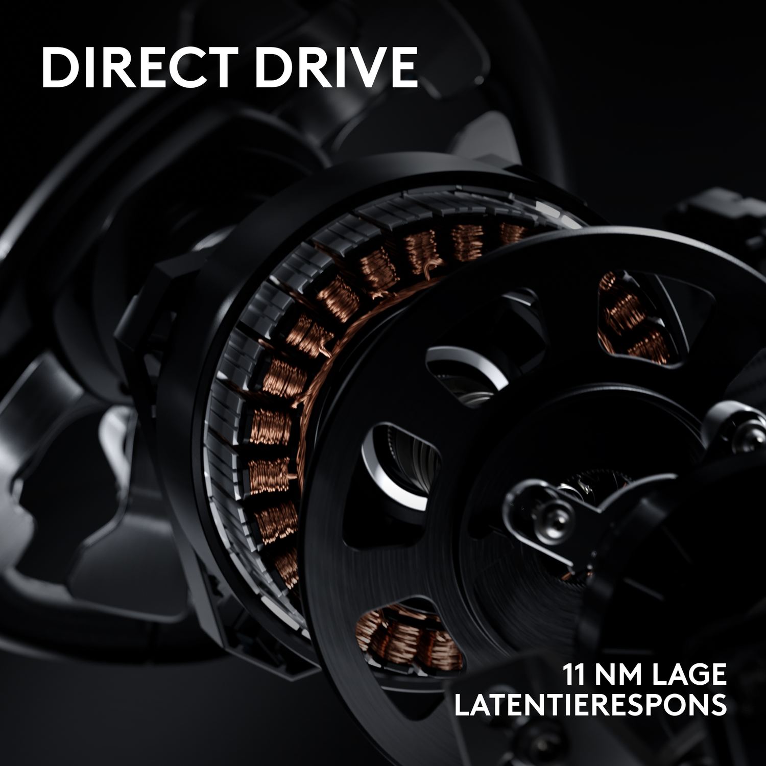 Close-up of a mechanical device with copper coils, gears, and the text 'DIRECT DRIVE' and '11 NM LAGE LATENTIERESPONS'.