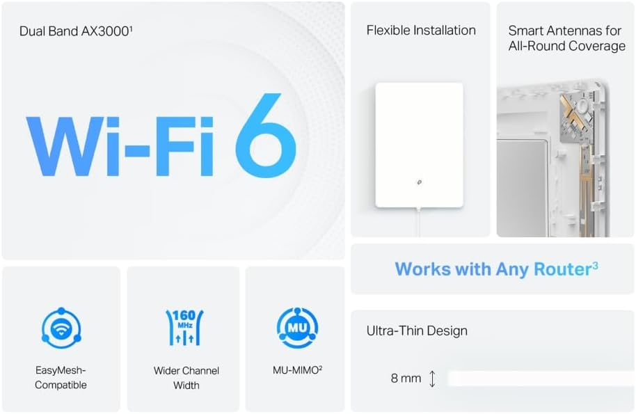 Das Bild zeigt einen Wi-Fi 6-Router mit Funktionen wie flexibler Installation, intelligenten Antennen und ultradünnem Design. Text auch Kompatibilität.