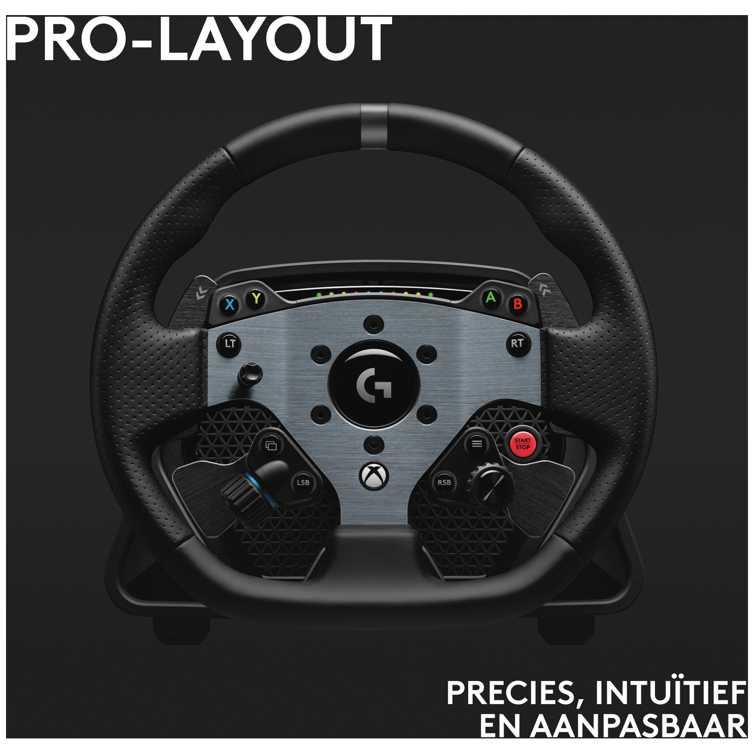 A black steering wheel with controls, buttons, and the Logitech logo. The text on the top says PRO-LAYOUT.