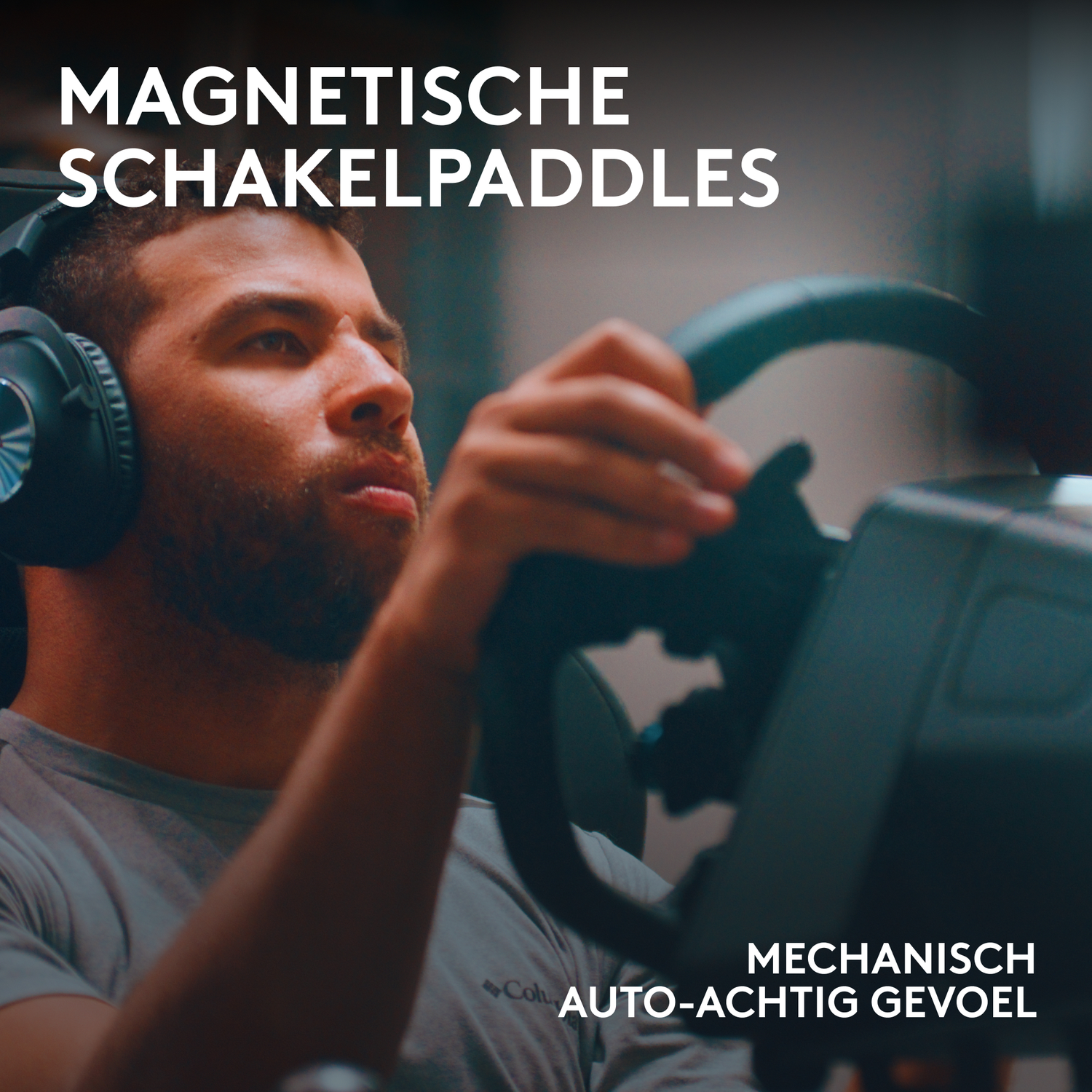 A man with headphones is focused on a steering wheel. Text says 'Magnetic Shifting Paddles' and 'Mechanical Car-like Feel'.