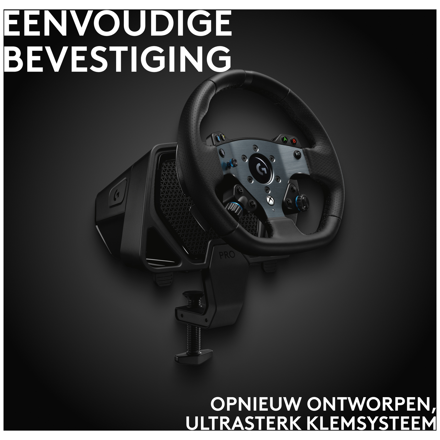 A black steering wheel with a silver center and a black clamp. Text reads 'EENVOUDIGE BEVESTIGING' and 'OPNIEUW ONTWORPEN, ULTRASTERK KLEMSYSTEEM'.
