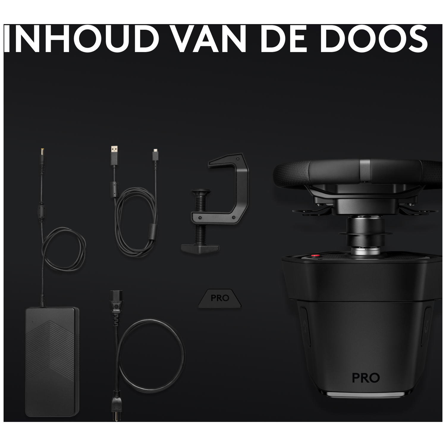Black steering wheel with cables, power supply, and clamp on a black background. Text reads 'INHOUD VAN DE DOOS' and 'PRO'.